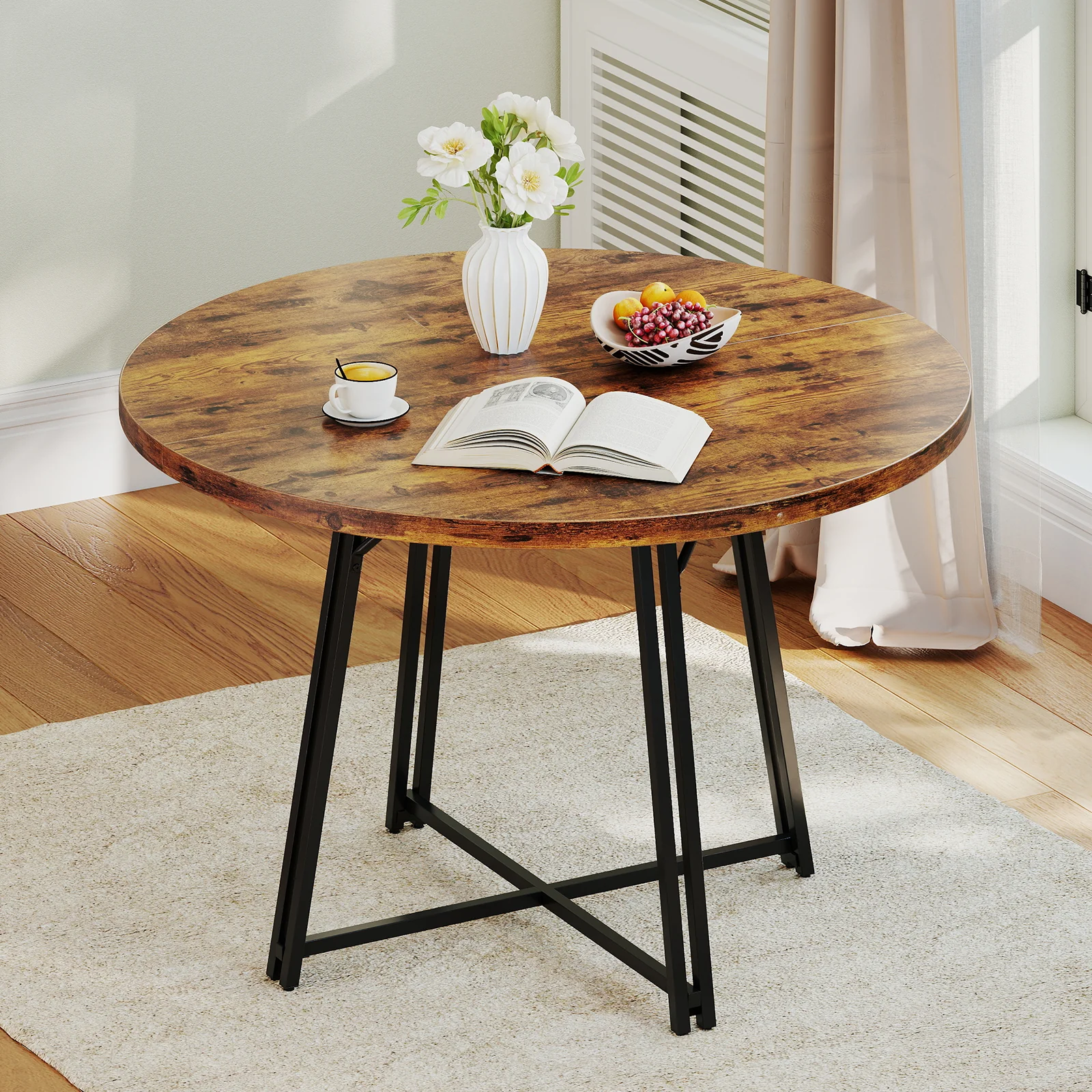 47 Inch Dining Table for 4-6 People Round Kitchen Table with Cross Base, Rustic Brown - Image 2