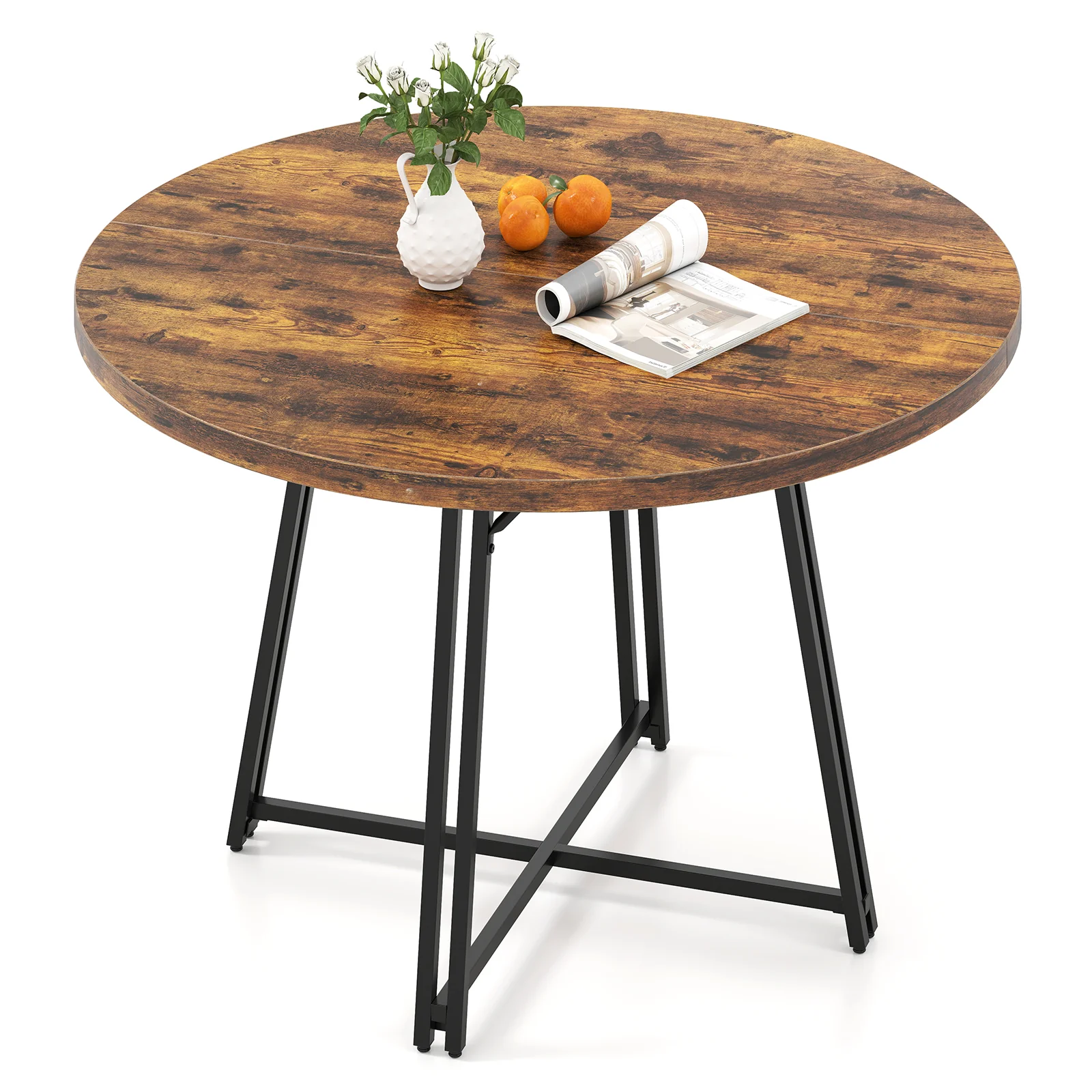 47 Inch Dining Table for 4-6 People Round Kitchen Table with Cross Base, Rustic Brown - Image 4