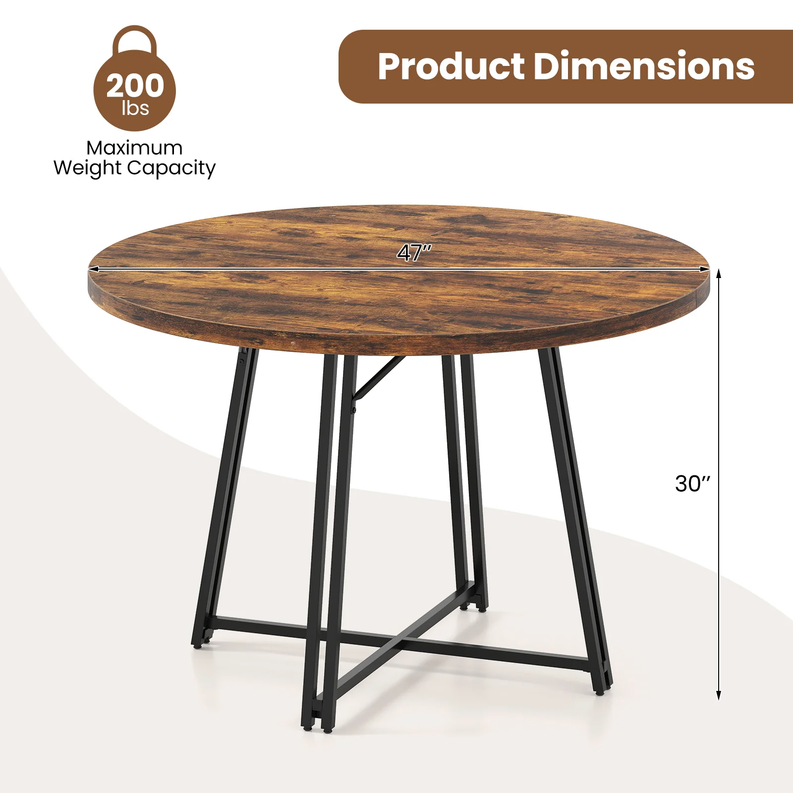 47 Inch Dining Table for 4-6 People Round Kitchen Table with Cross Base, Rustic Brown - Image 5