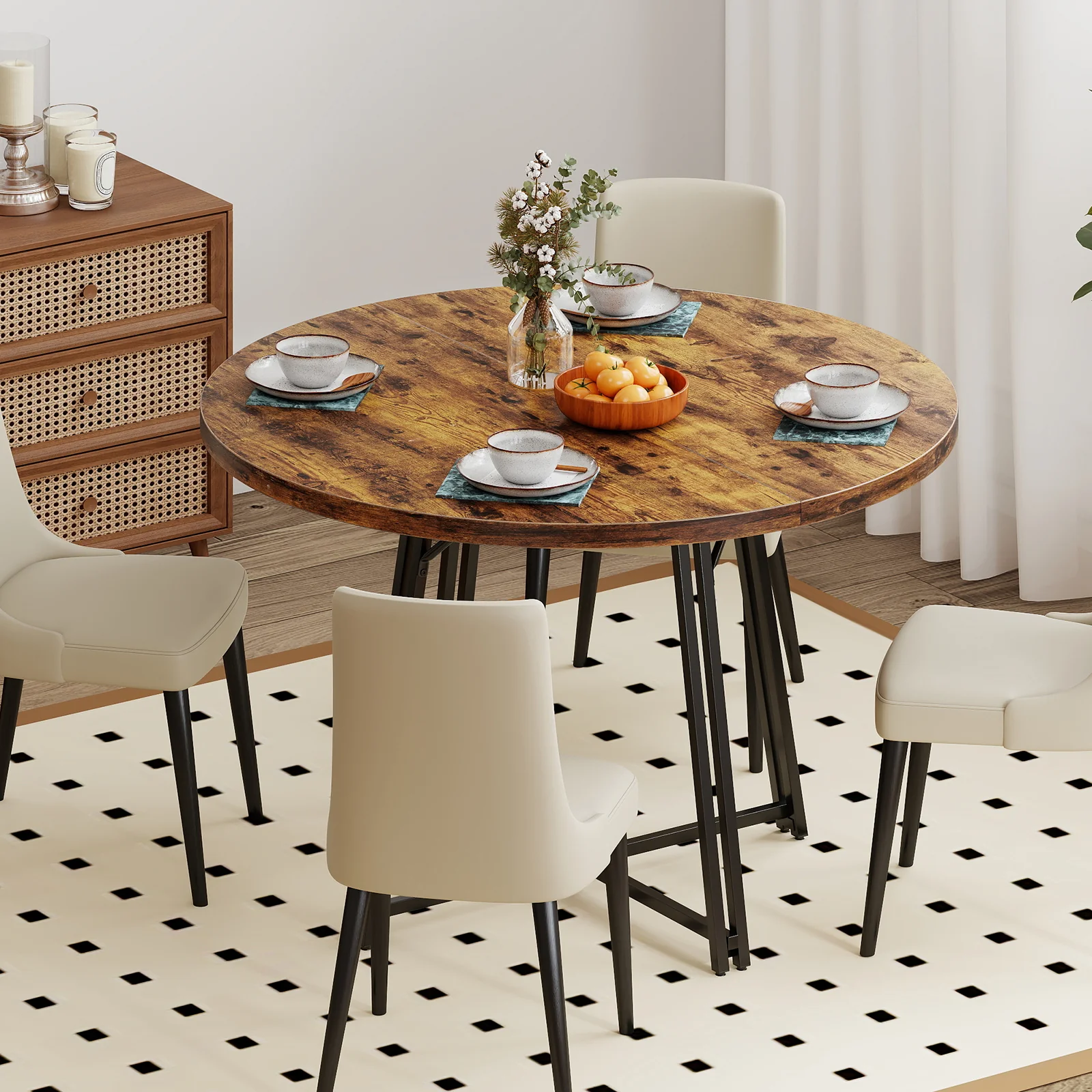 47 Inch Dining Table for 4-6 People Round Kitchen Table with Cross Base, Rustic Brown - Image 6