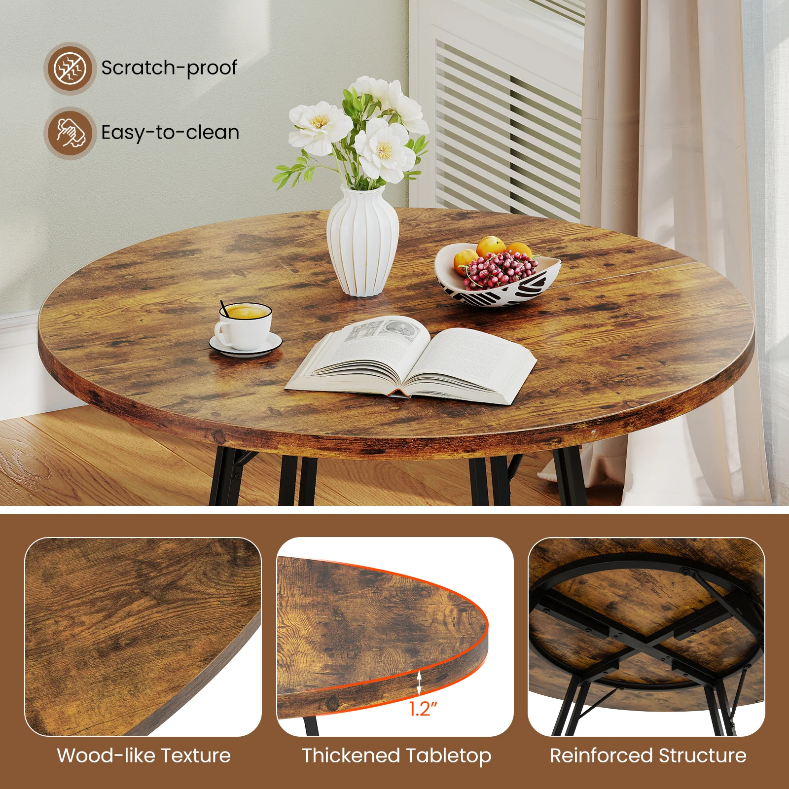 47 Inch Dining Table for 4-6 People Round Kitchen Table with Cross Base, Rustic Brown - Image 8