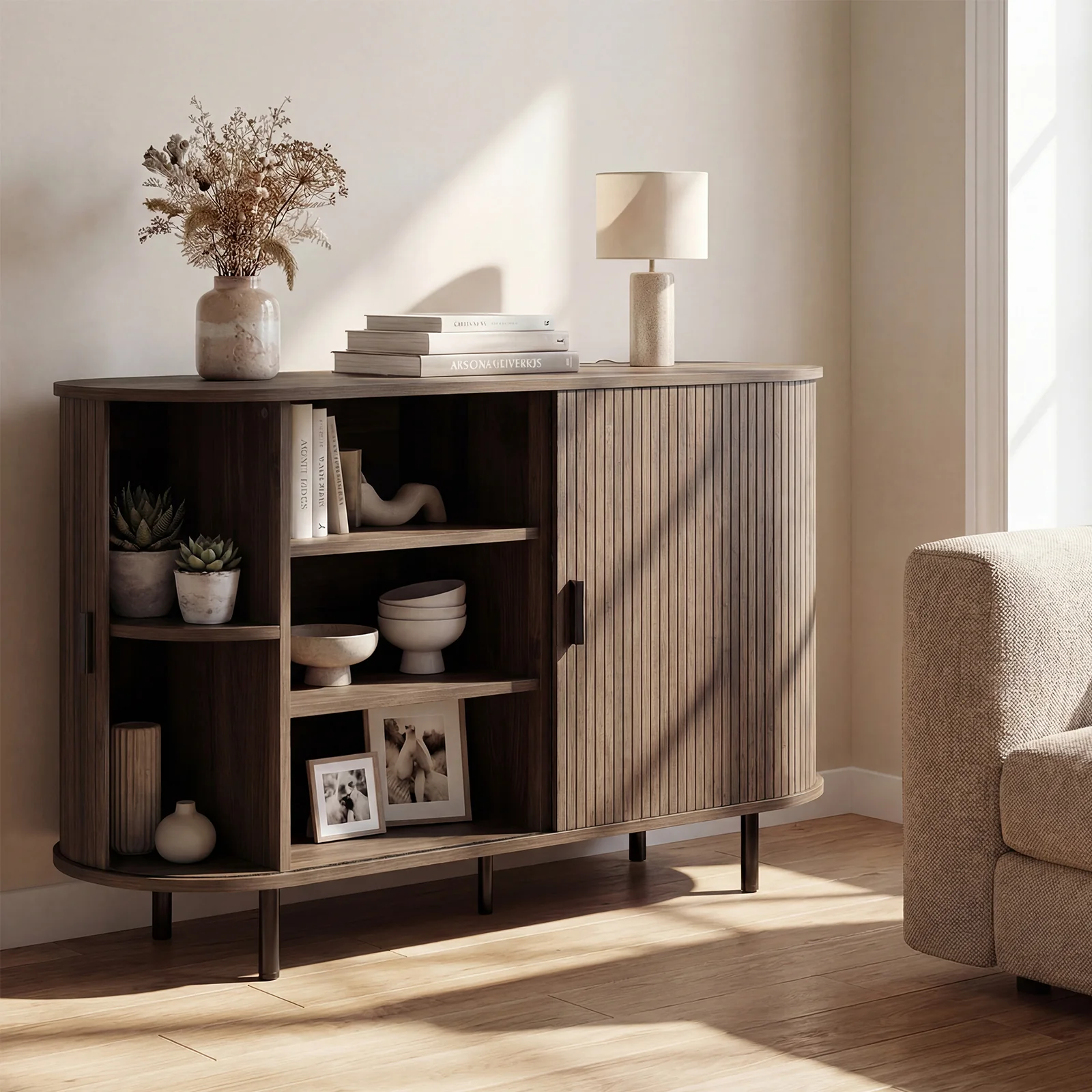 47 Inch Fluted Sideboard Buffet Cabinet, Tambour Sliding Doors, Walnut - Image 3