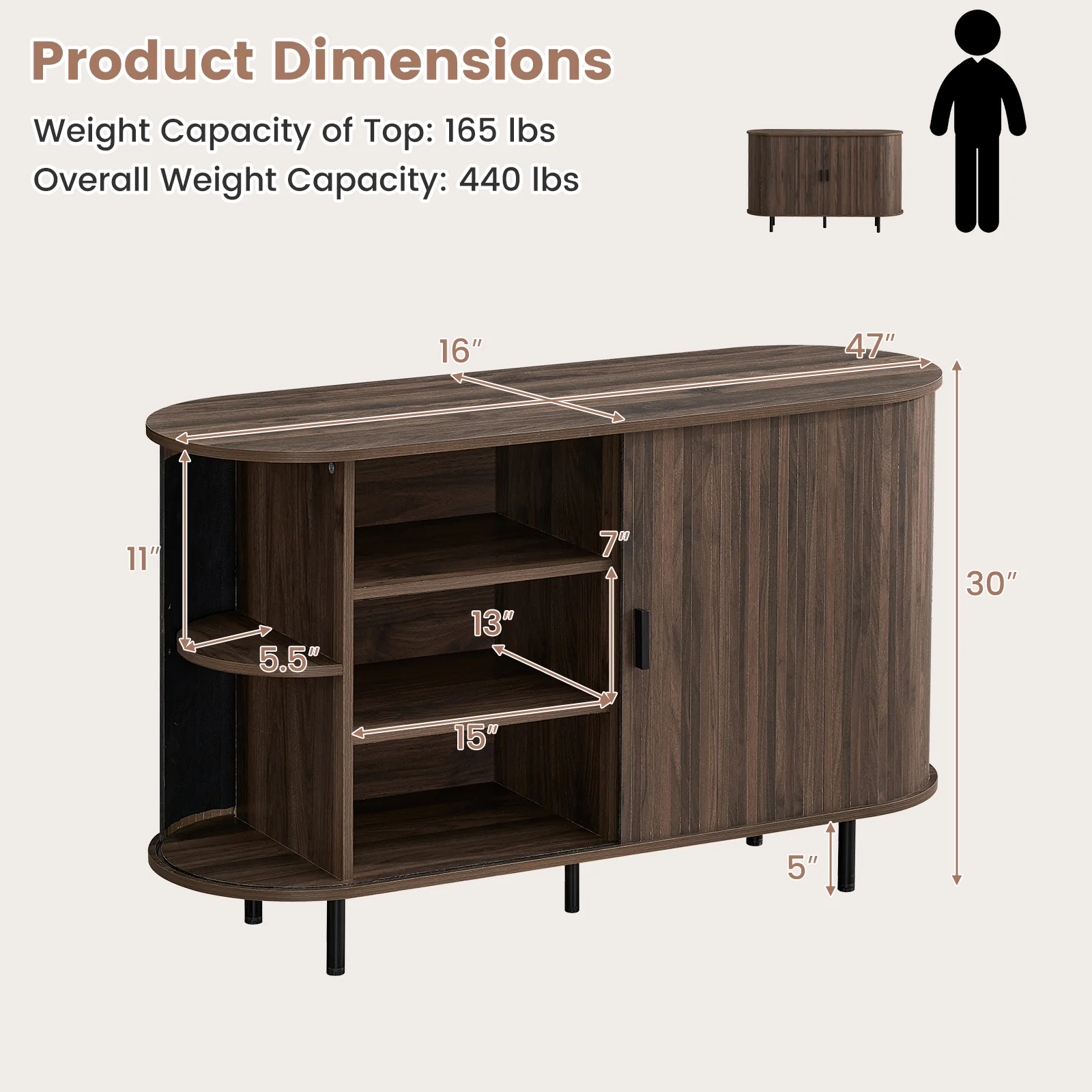 47 Inch Fluted Sideboard Buffet Cabinet, Tambour Sliding Doors, Walnut - Image 4