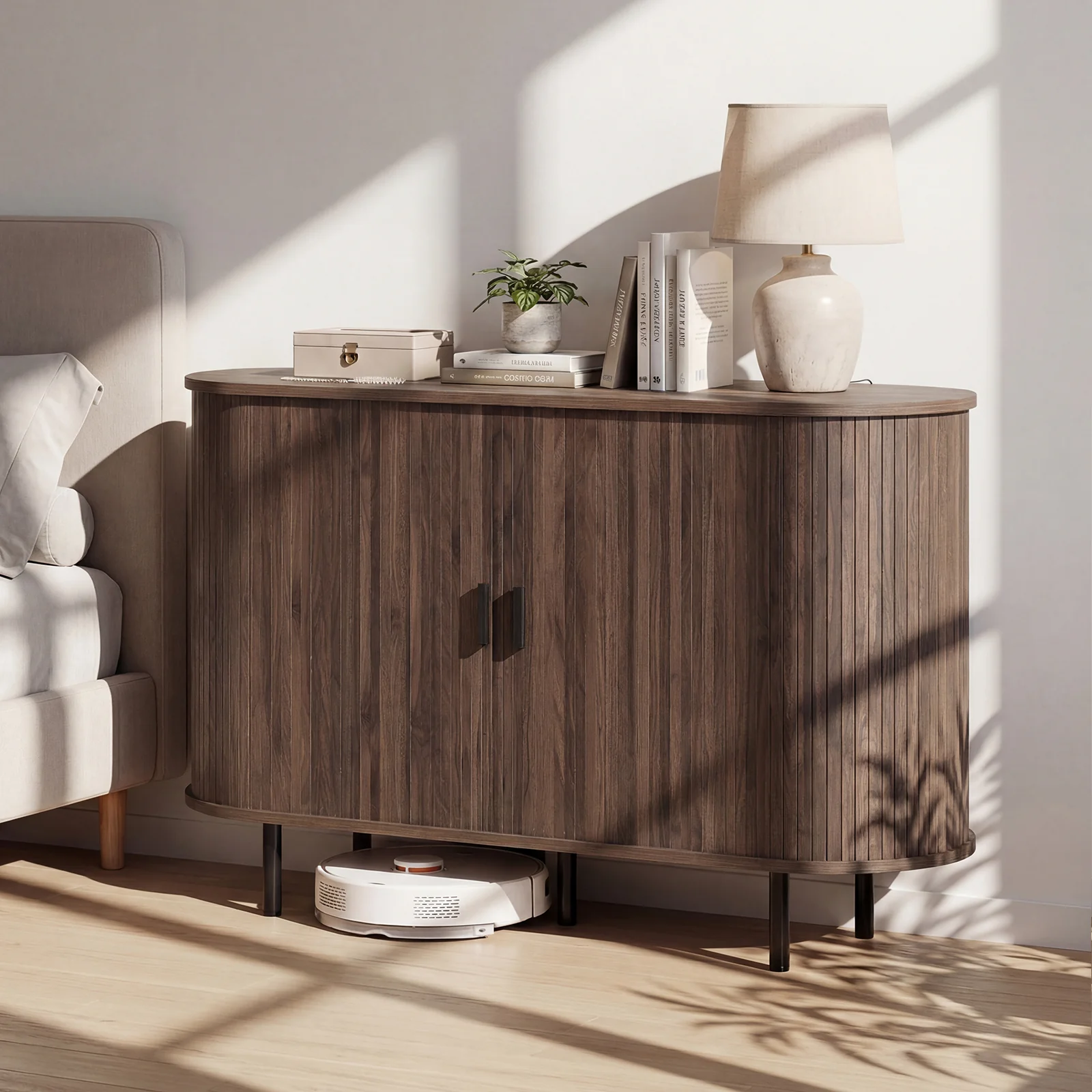 47 Inch Fluted Sideboard Buffet Cabinet, Tambour Sliding Doors, Walnut - Image 5