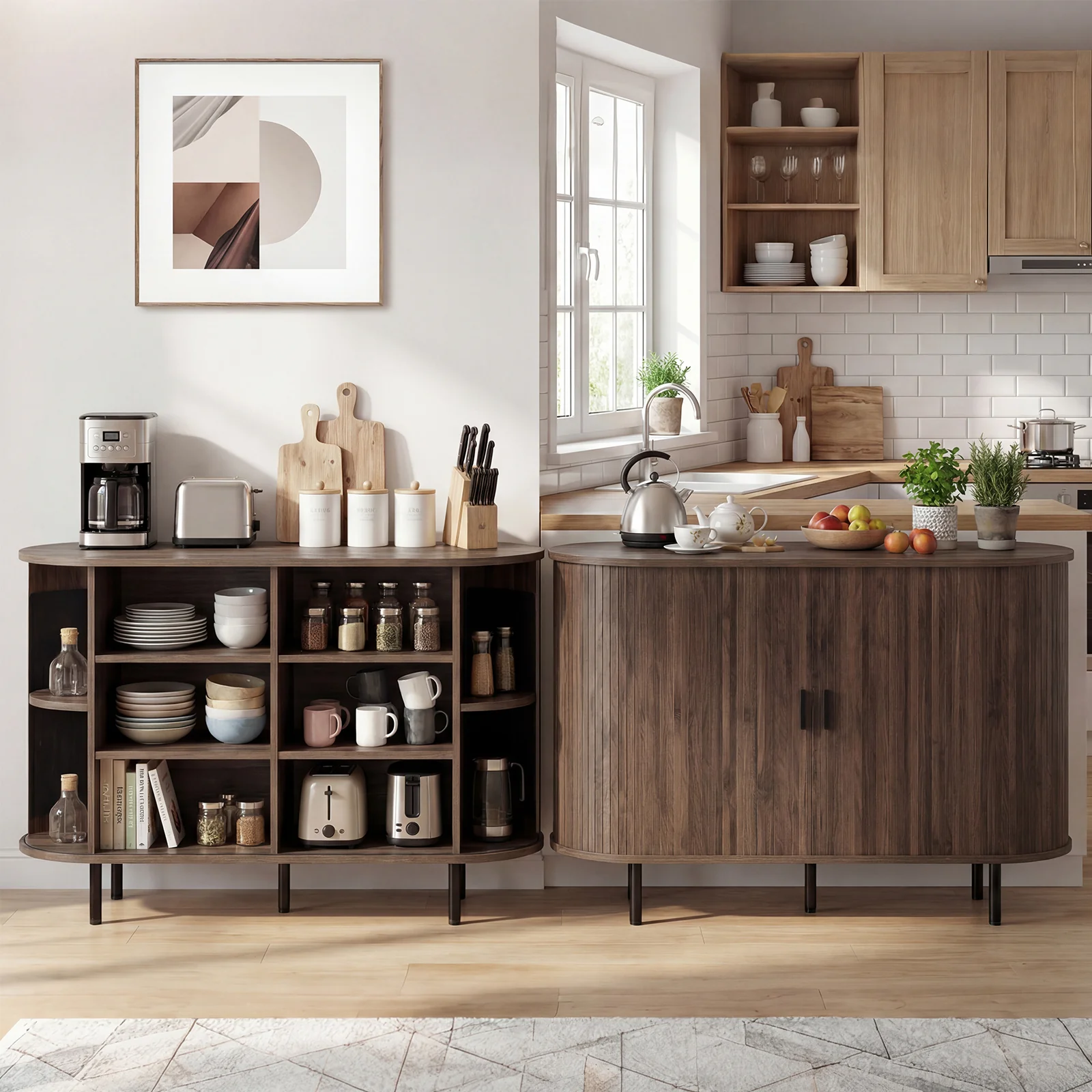 47 Inch Fluted Sideboard Buffet Cabinet, Tambour Sliding Doors, Walnut - Image 6