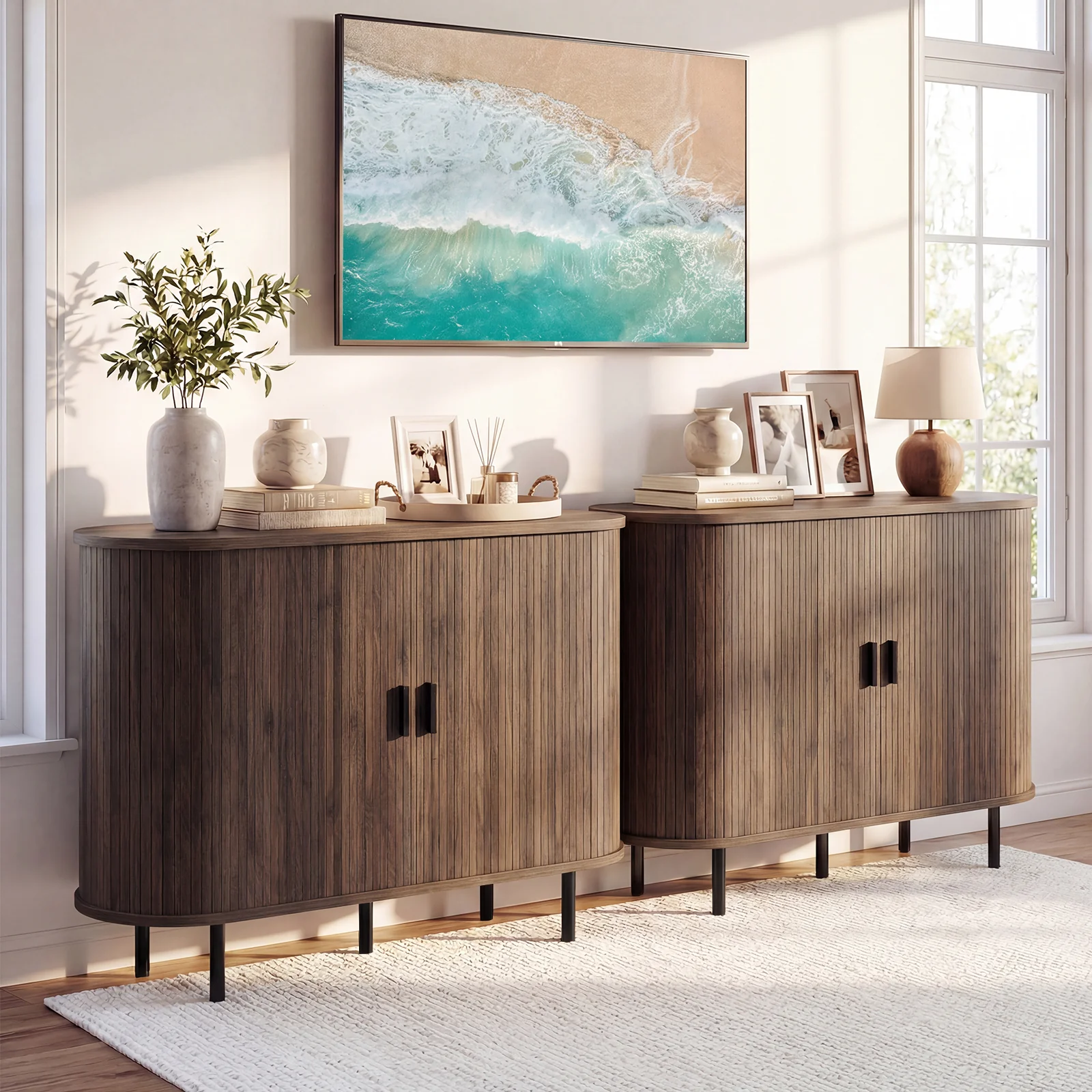 47 Inch Fluted Sideboard Buffet Cabinet, Tambour Sliding Doors, Walnut - Image 7