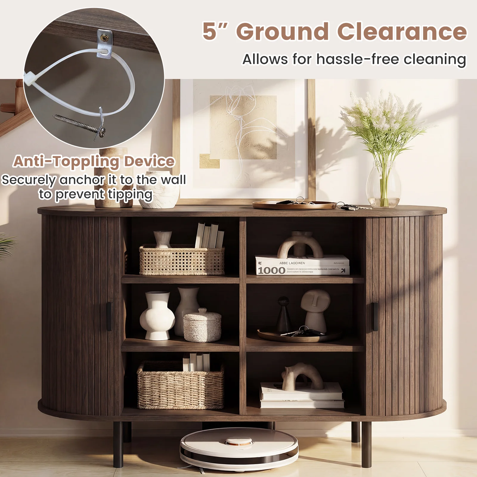 47 Inch Fluted Sideboard Buffet Cabinet, Tambour Sliding Doors, Walnut - Image 9