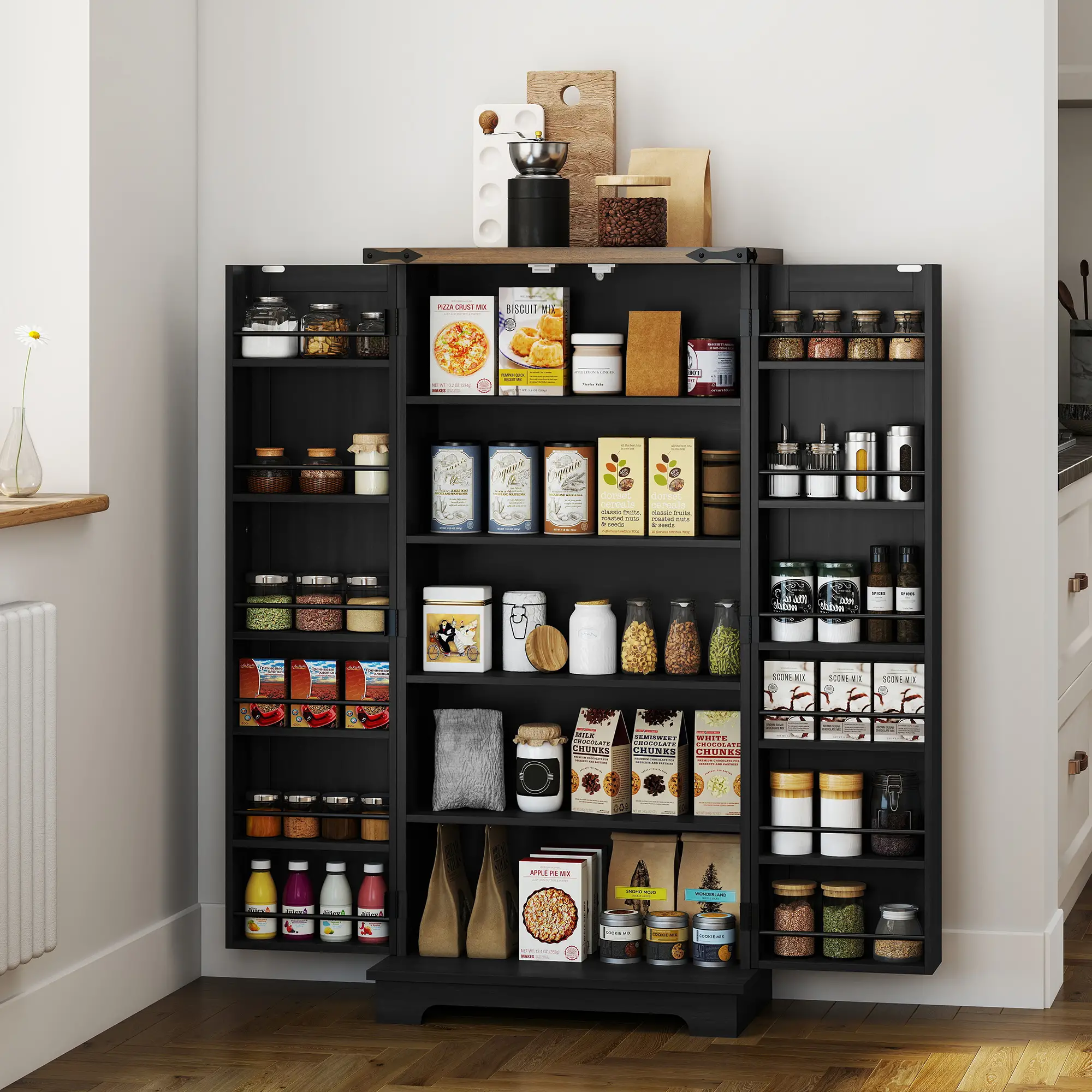 47 Inch Kitchen Pantry Cabinet, Adjustable Shelves, Black - Image 2