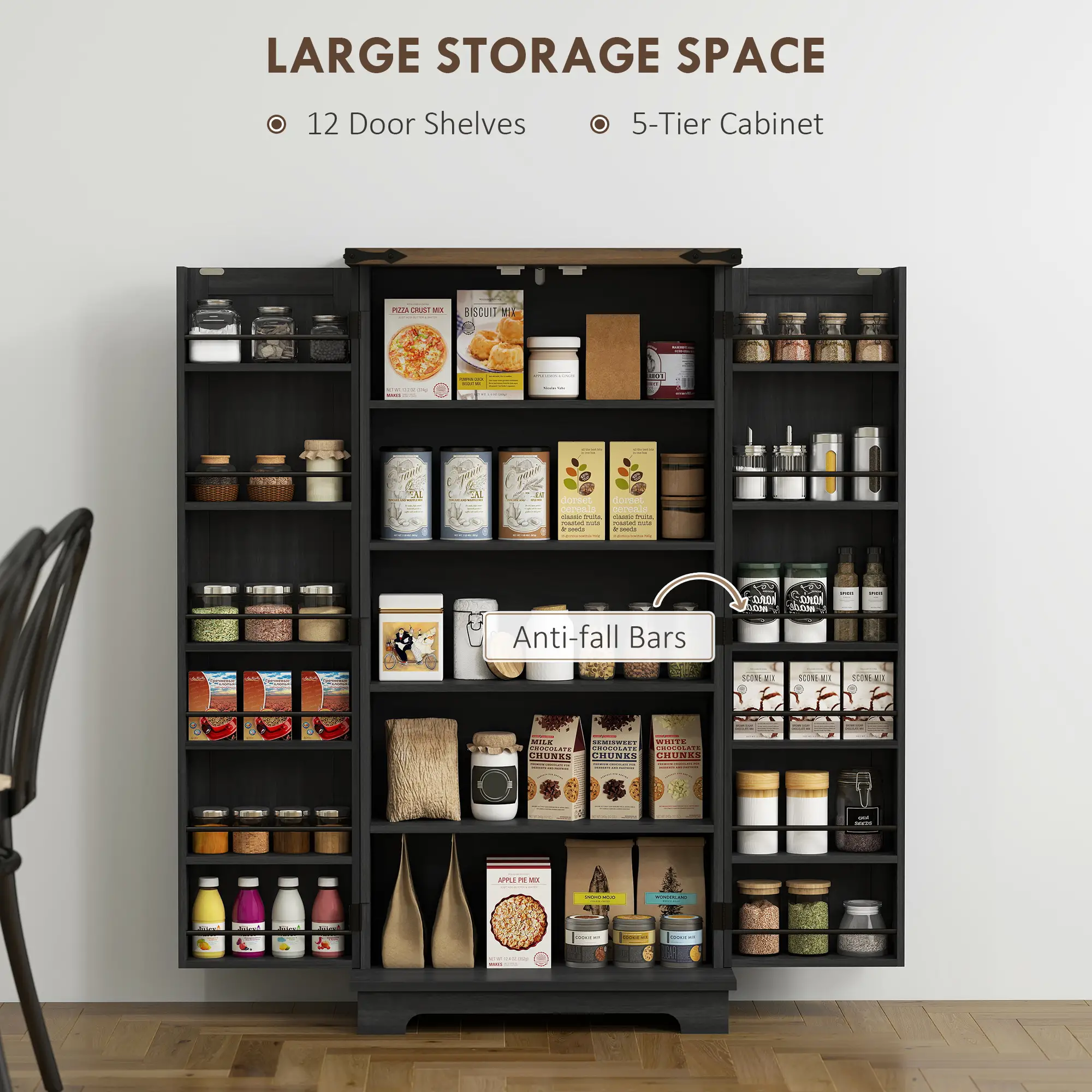 47 Inch Kitchen Pantry Cabinet, Adjustable Shelves, Black - Image 5