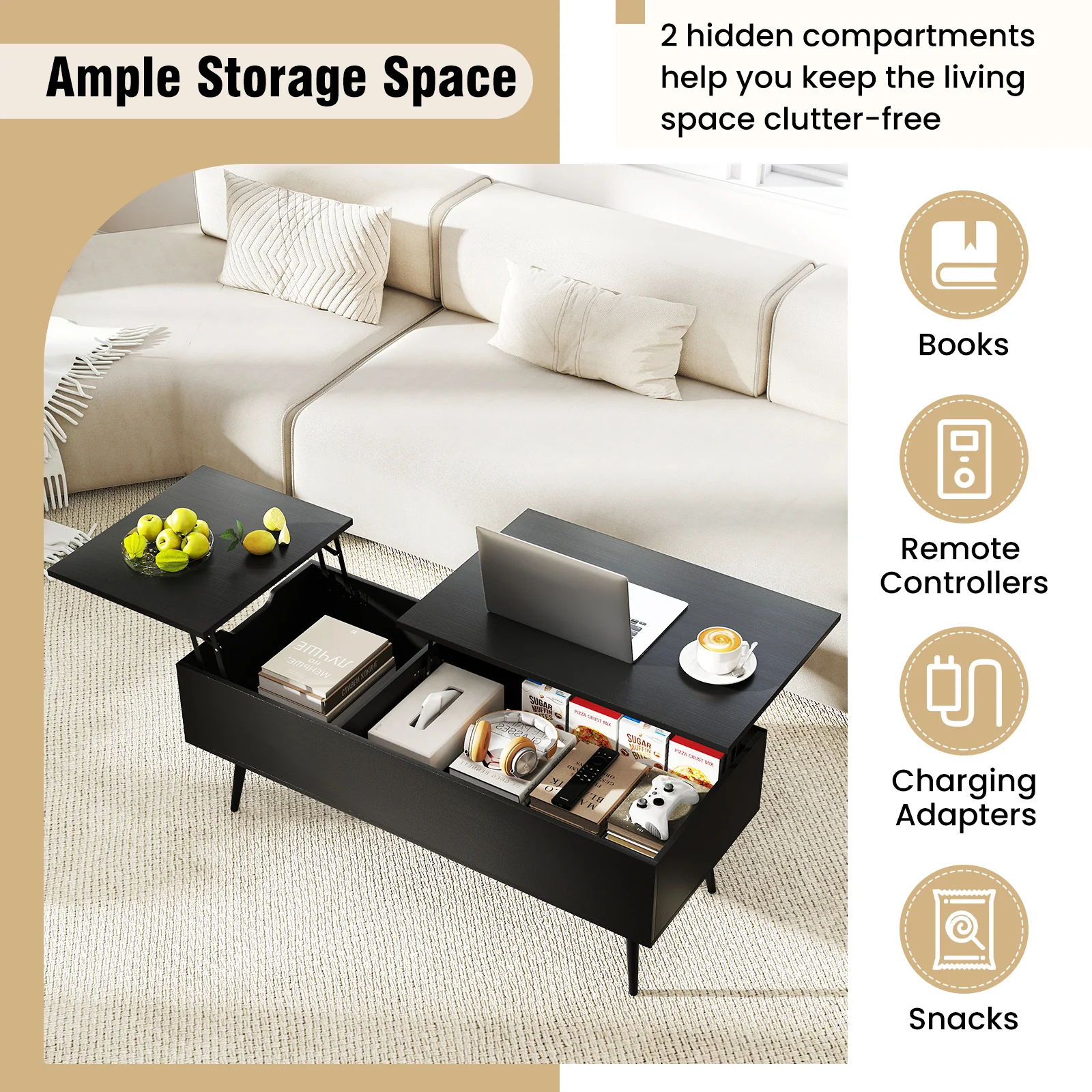 47 Inch Lift Top Coffee Table, 2 Hidden Compartments, Black - Image 10