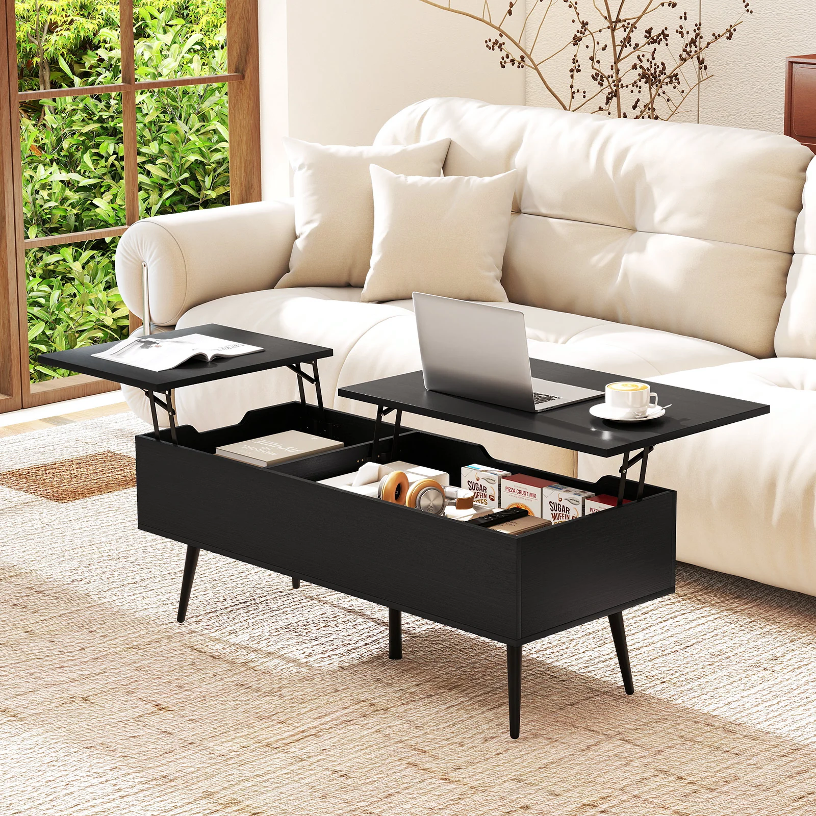 47 Inch Lift Top Coffee Table, 2 Hidden Compartments, Black - Image 2