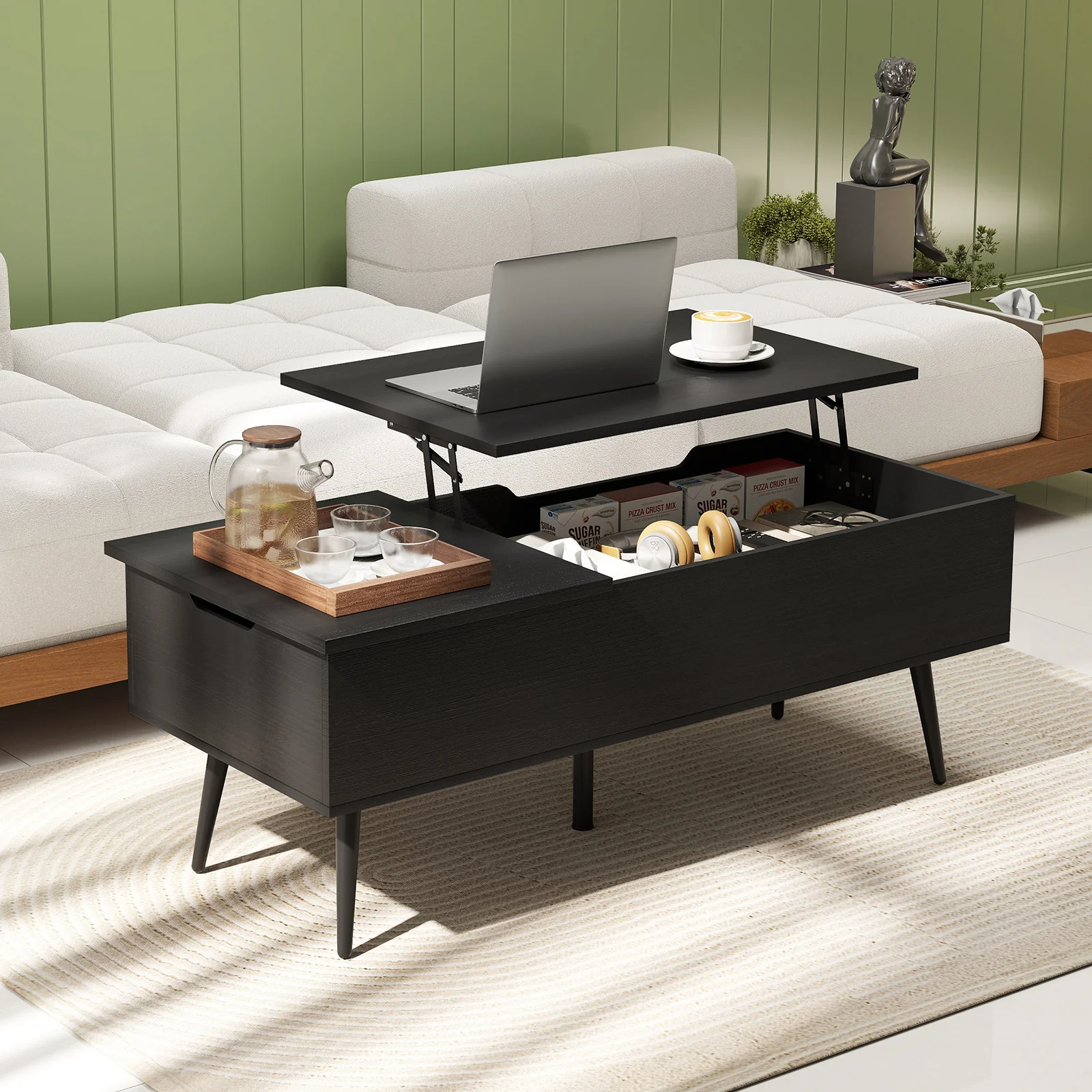 47 Inch Lift Top Coffee Table, 2 Hidden Compartments, Black - Image 3