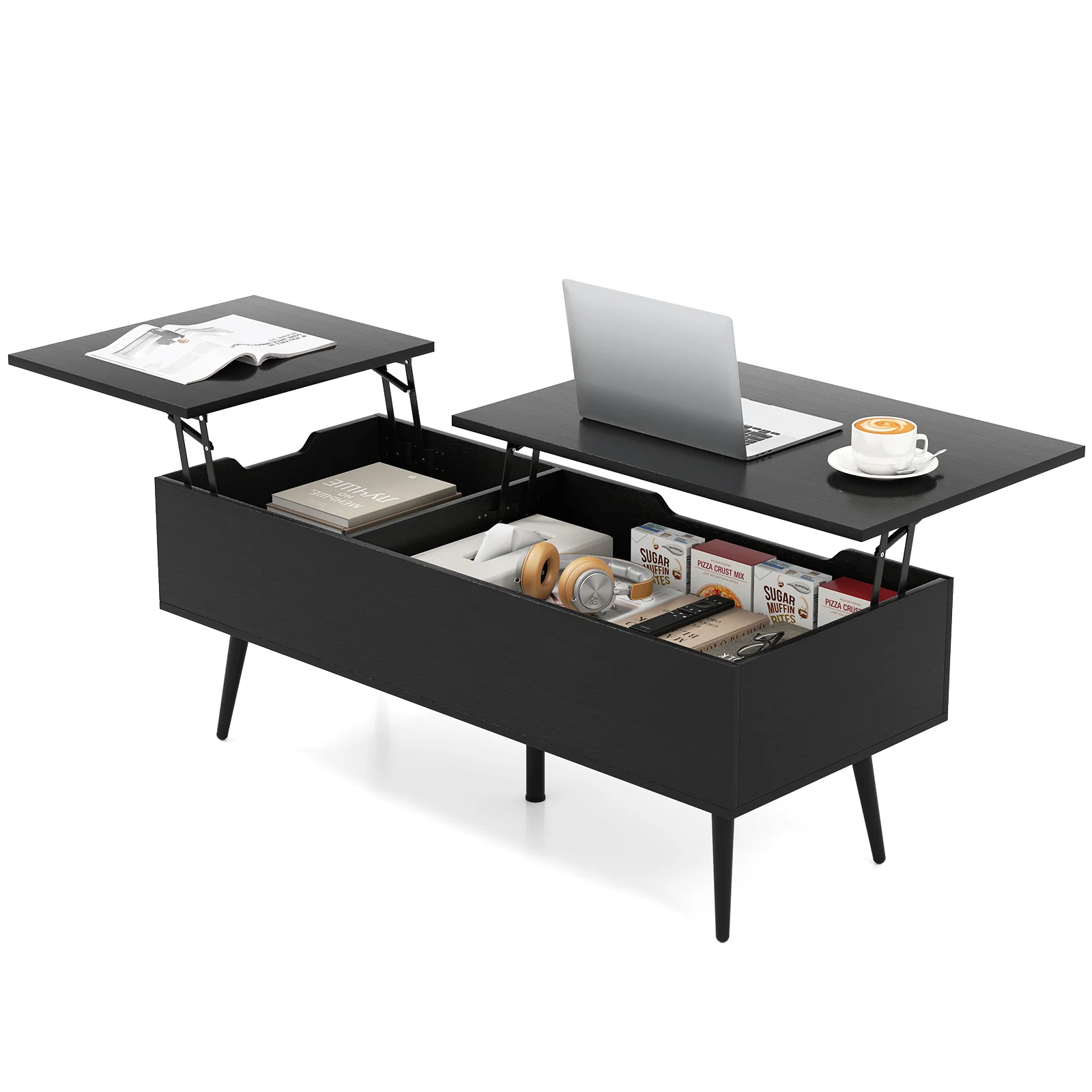 47 Inch Lift Top Coffee Table, 2 Hidden Compartments, Black - Image 5