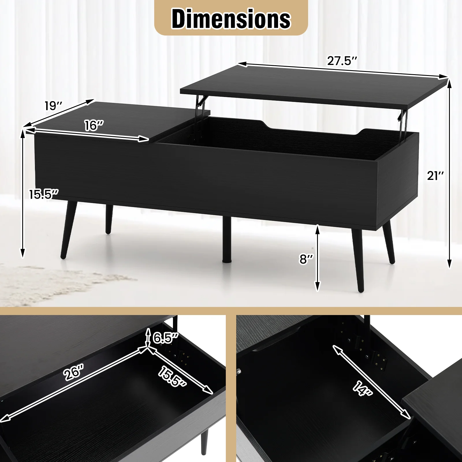 47 Inch Lift Top Coffee Table, 2 Hidden Compartments, Black - Image 6