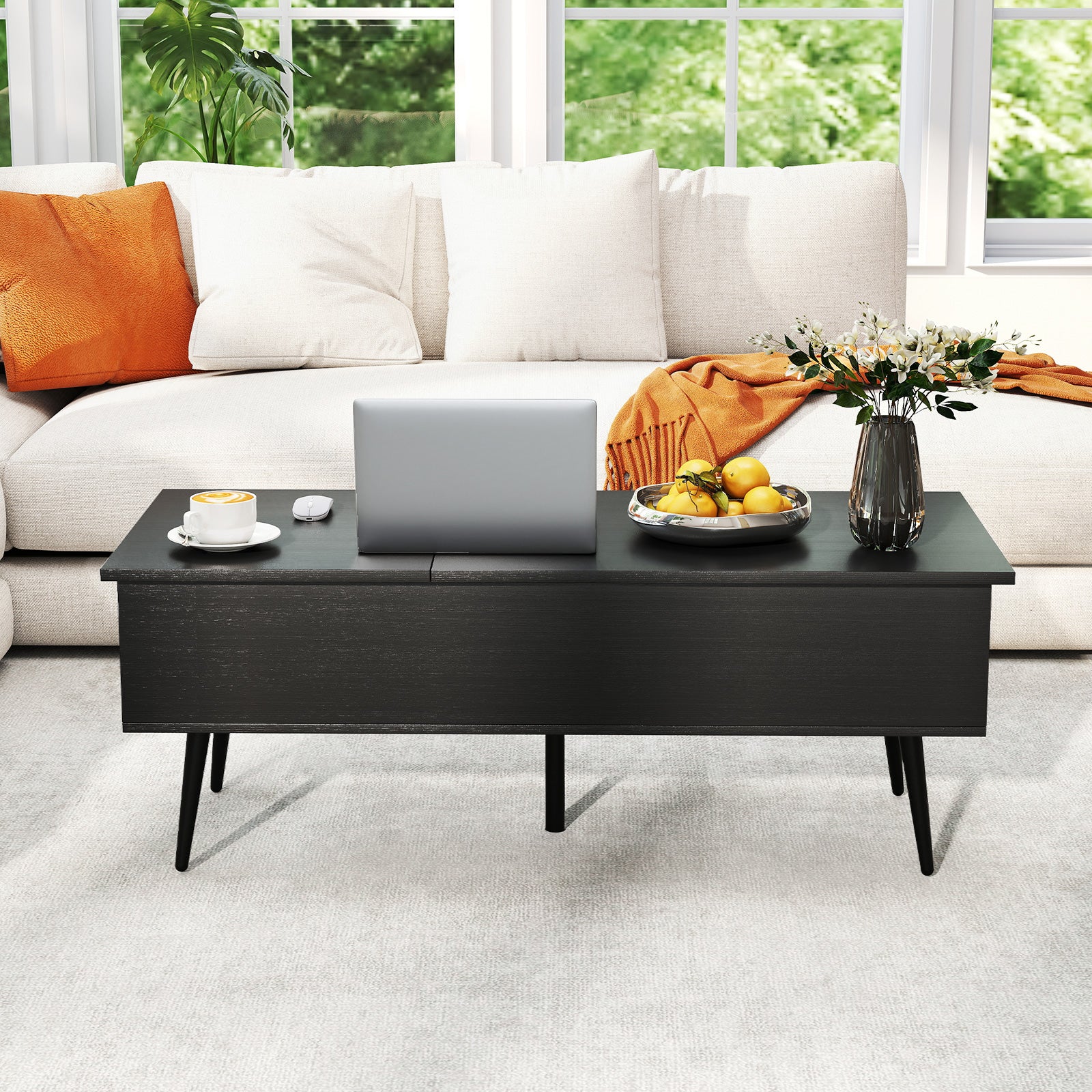 47 Inch Lift Top Coffee Table, 2 Hidden Compartments, Black - Image 7
