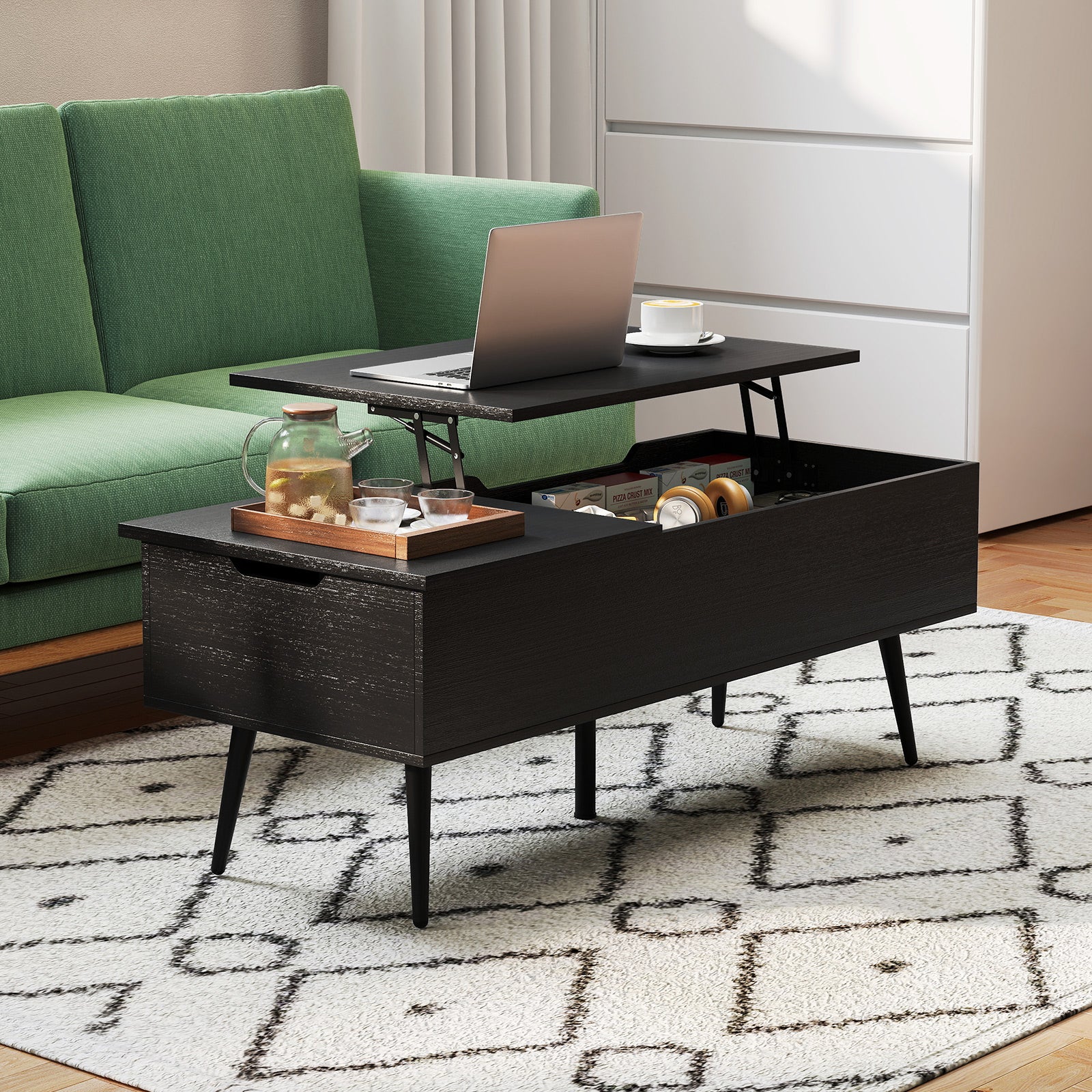 47 Inch Lift Top Coffee Table, 2 Hidden Compartments, Black - Image 8