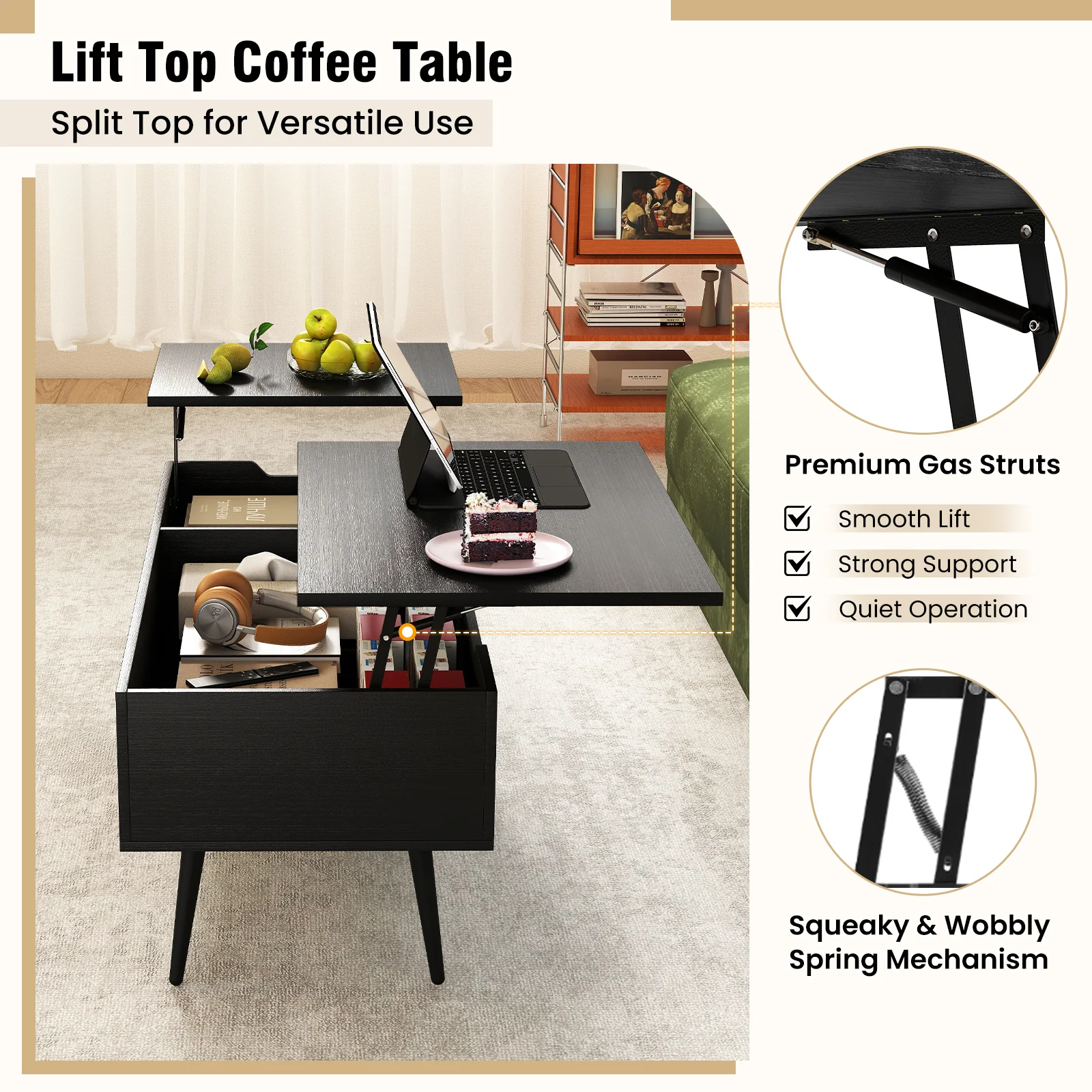 47 Inch Lift Top Coffee Table, 2 Hidden Compartments, Black - Image 9