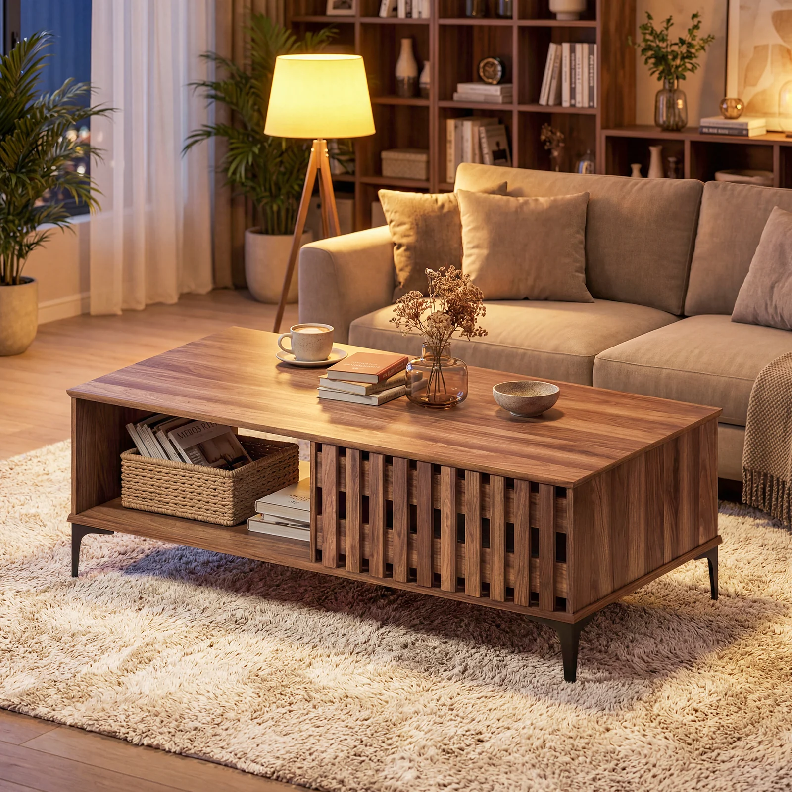 47 Inch Mid Century Coffee Table, Farmhouse Wooden Center Table, Walnut - Image 2