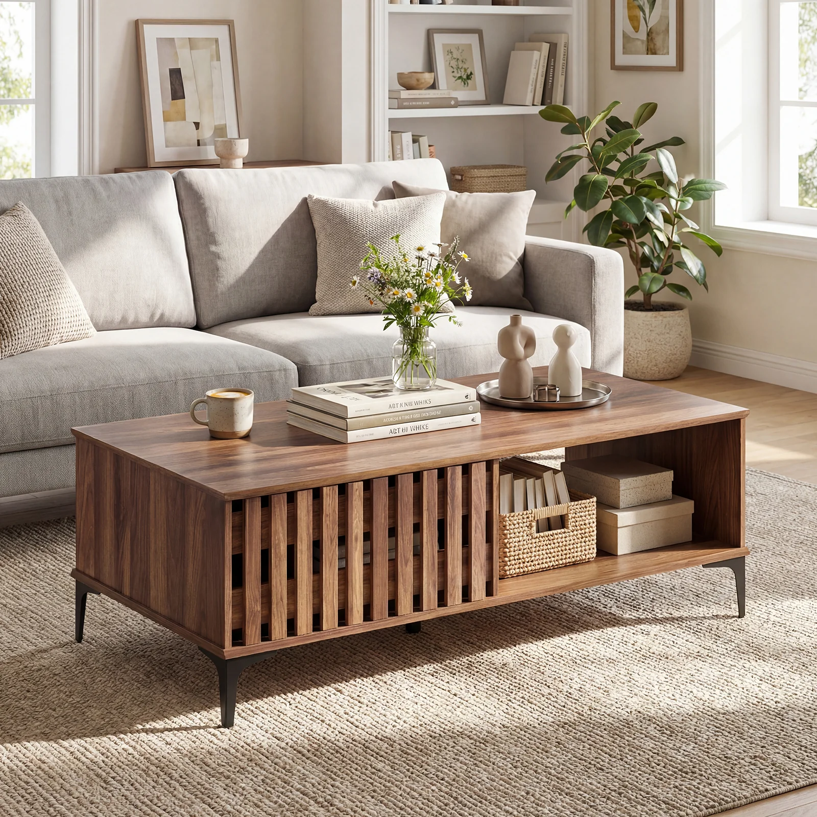 47 Inch Mid Century Coffee Table, Farmhouse Wooden Center Table, Walnut - Image 3