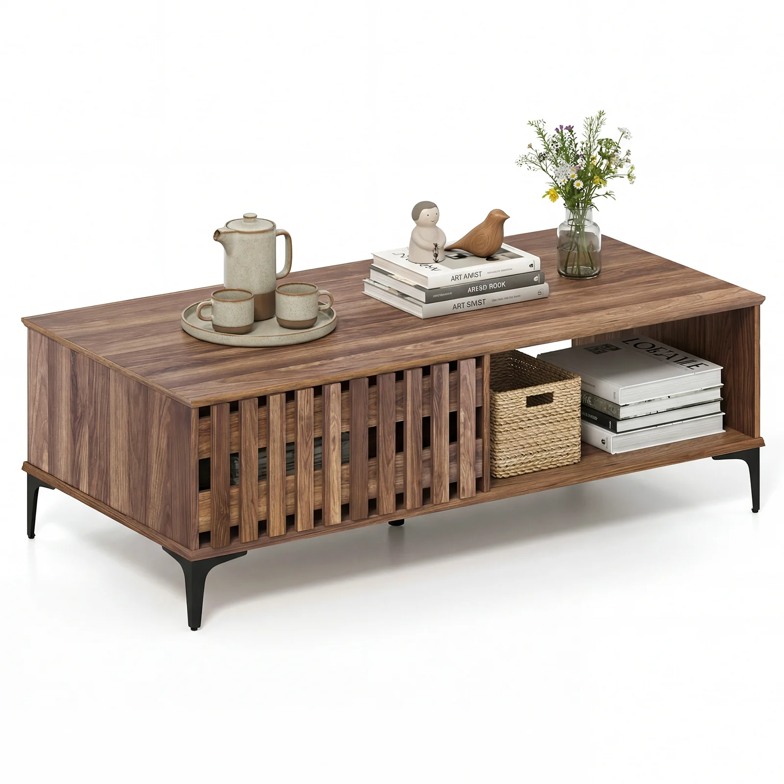47 Inch Mid Century Coffee Table, Farmhouse Wooden Center Table, Walnut - Image 4