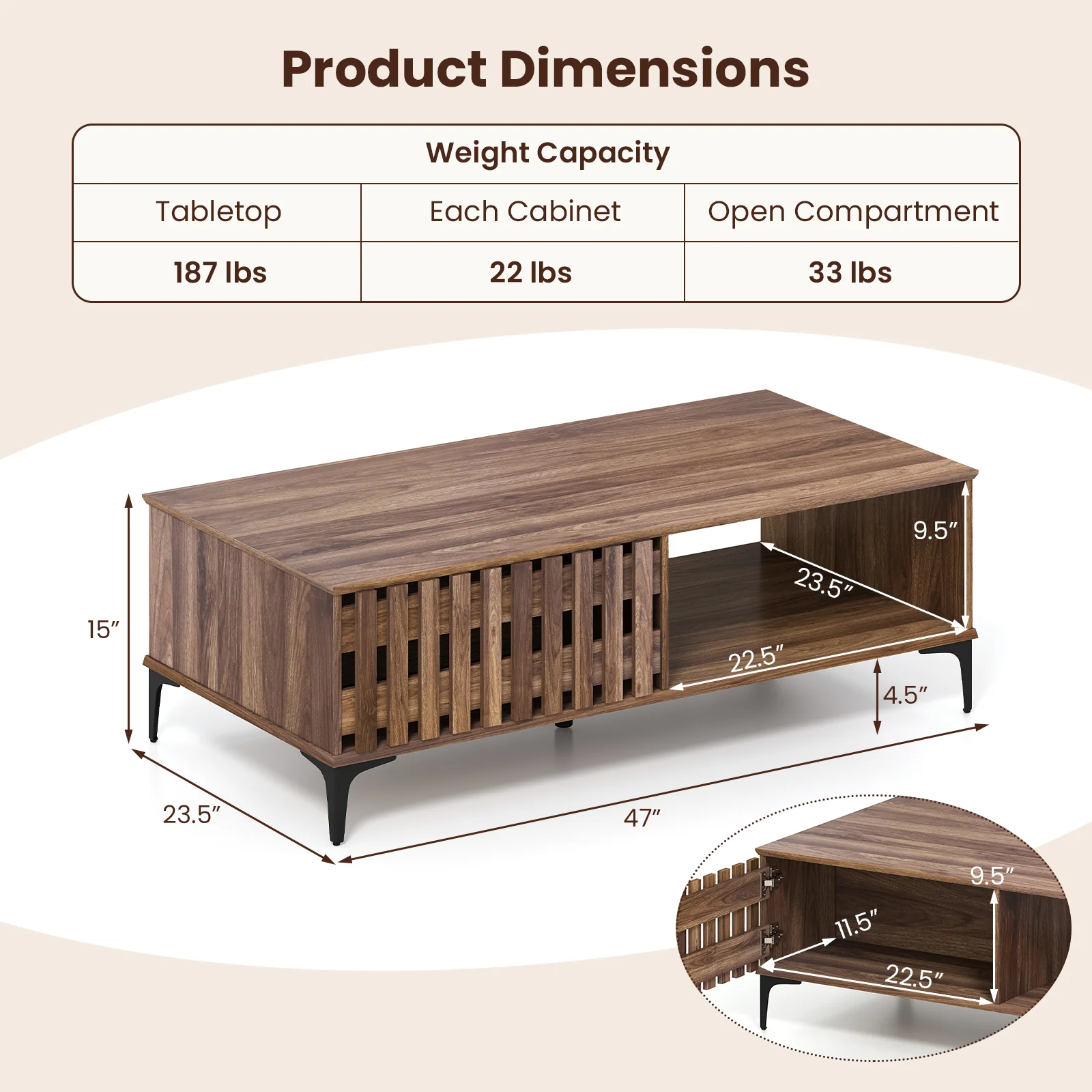 47 Inch Mid Century Coffee Table, Farmhouse Wooden Center Table, Walnut - Image 5