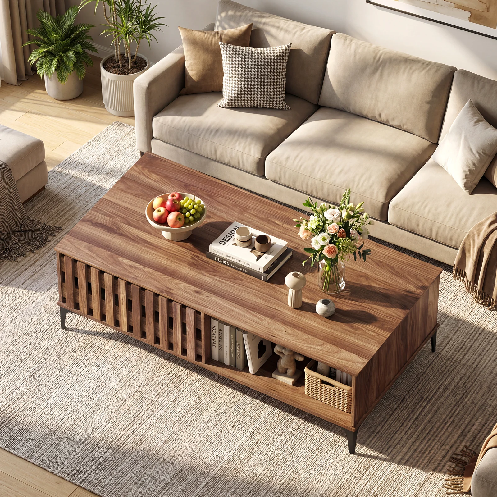 47 Inch Mid Century Coffee Table, Farmhouse Wooden Center Table, Walnut - Image 7