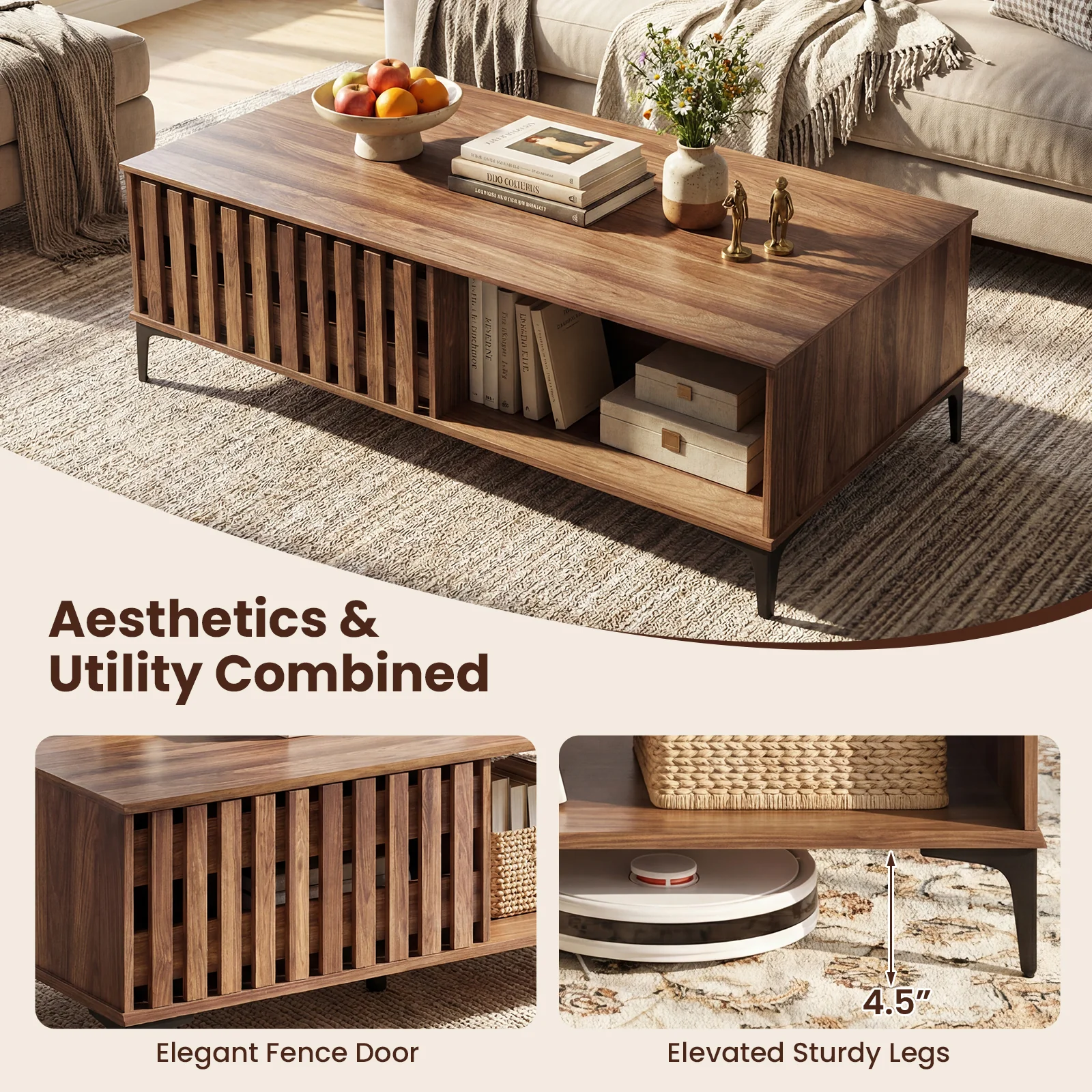 47 Inch Mid Century Coffee Table, Farmhouse Wooden Center Table, Walnut - Image 9