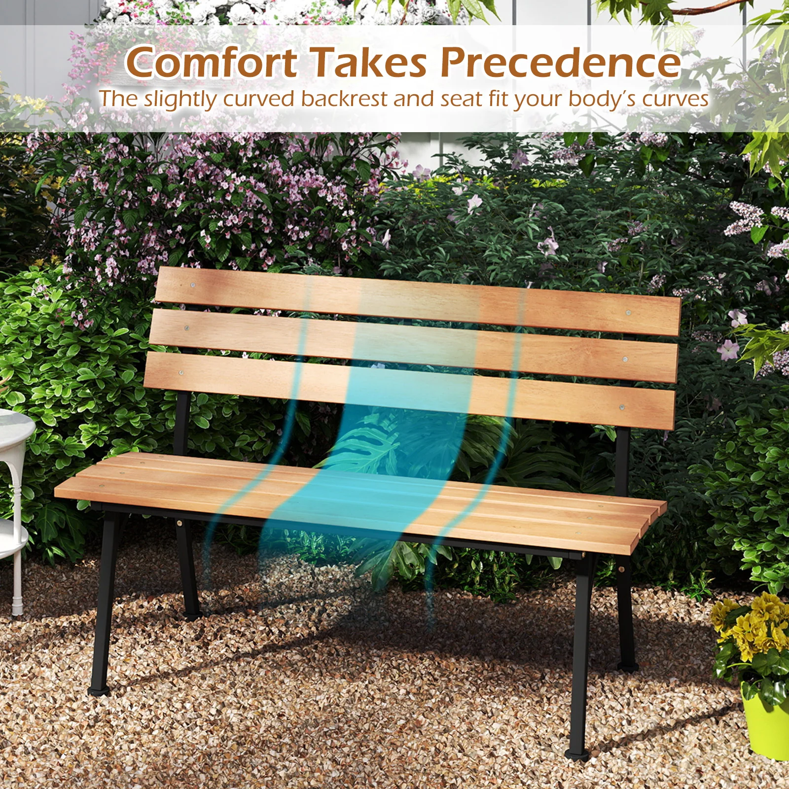 47 Inch Outdoor Acacia Wood Bench with Metal Frame and Slatted Seat - Image 10