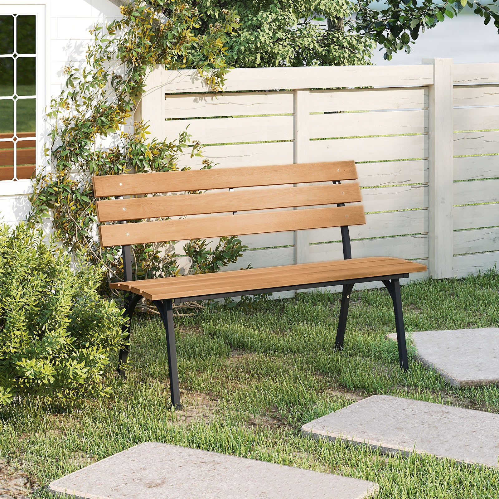 47 Inch Outdoor Acacia Wood Bench with Metal Frame and Slatted Seat - Image 2