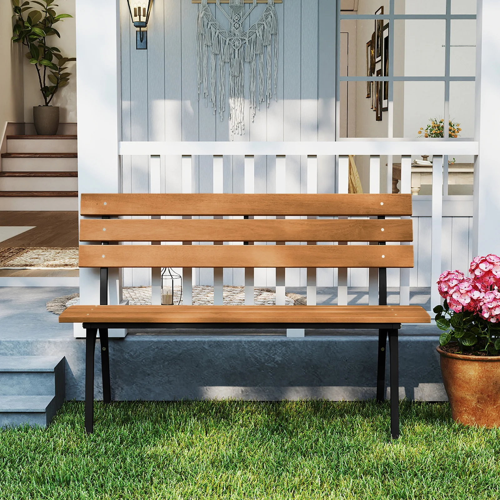 47 Inch Outdoor Acacia Wood Bench with Metal Frame and Slatted Seat - Image 3