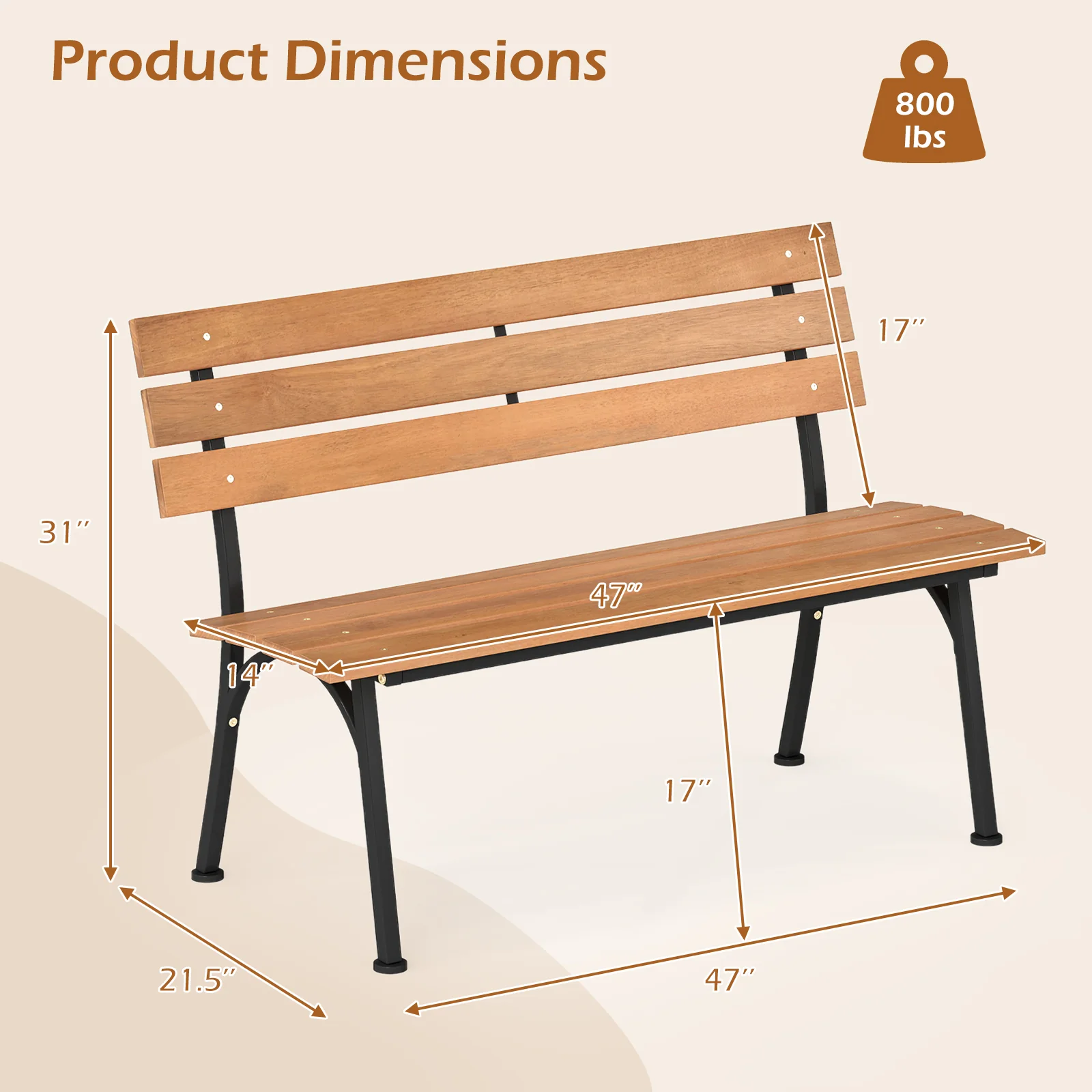 47 Inch Outdoor Acacia Wood Bench with Metal Frame and Slatted Seat - Image 5