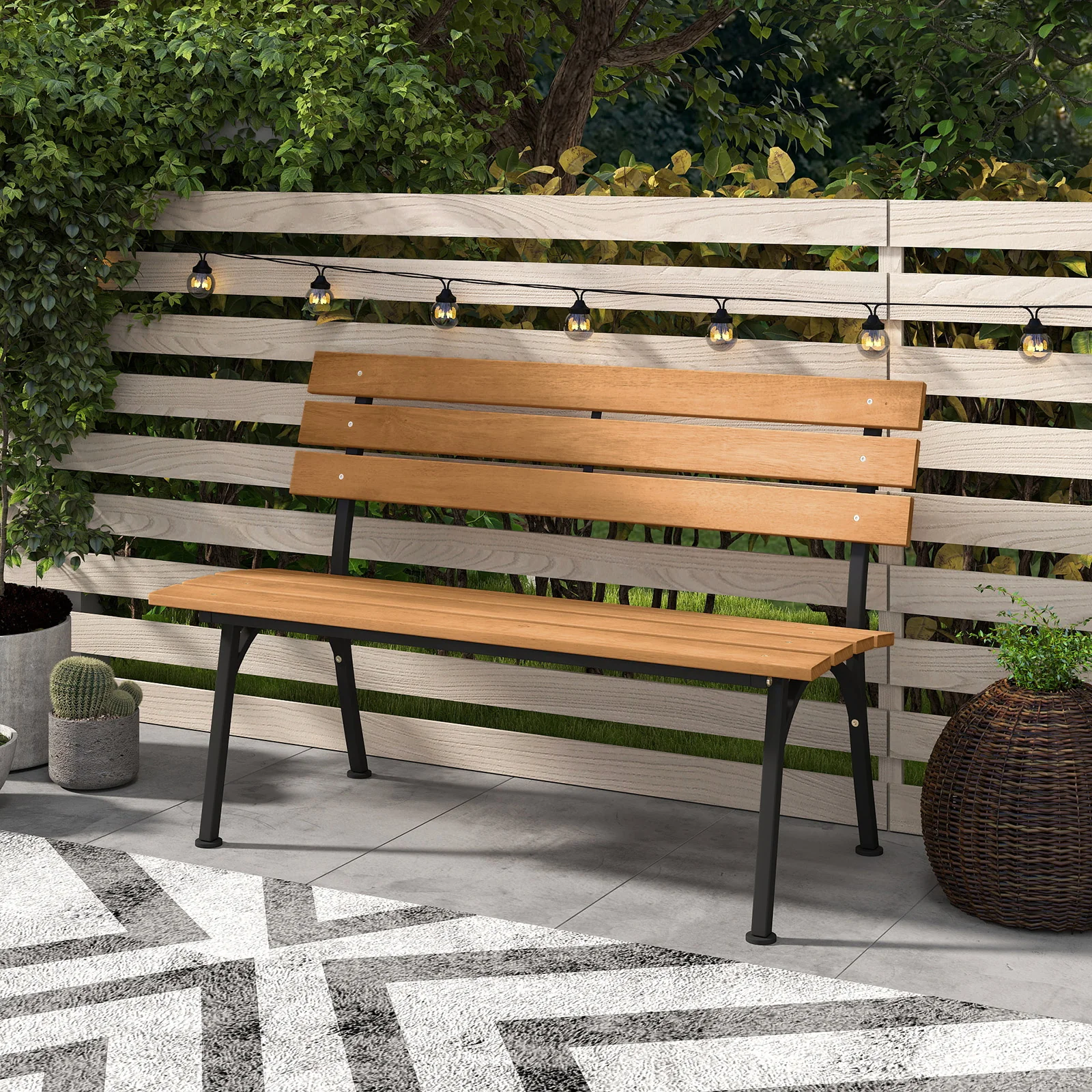 47 Inch Outdoor Acacia Wood Bench with Metal Frame and Slatted Seat - Image 6