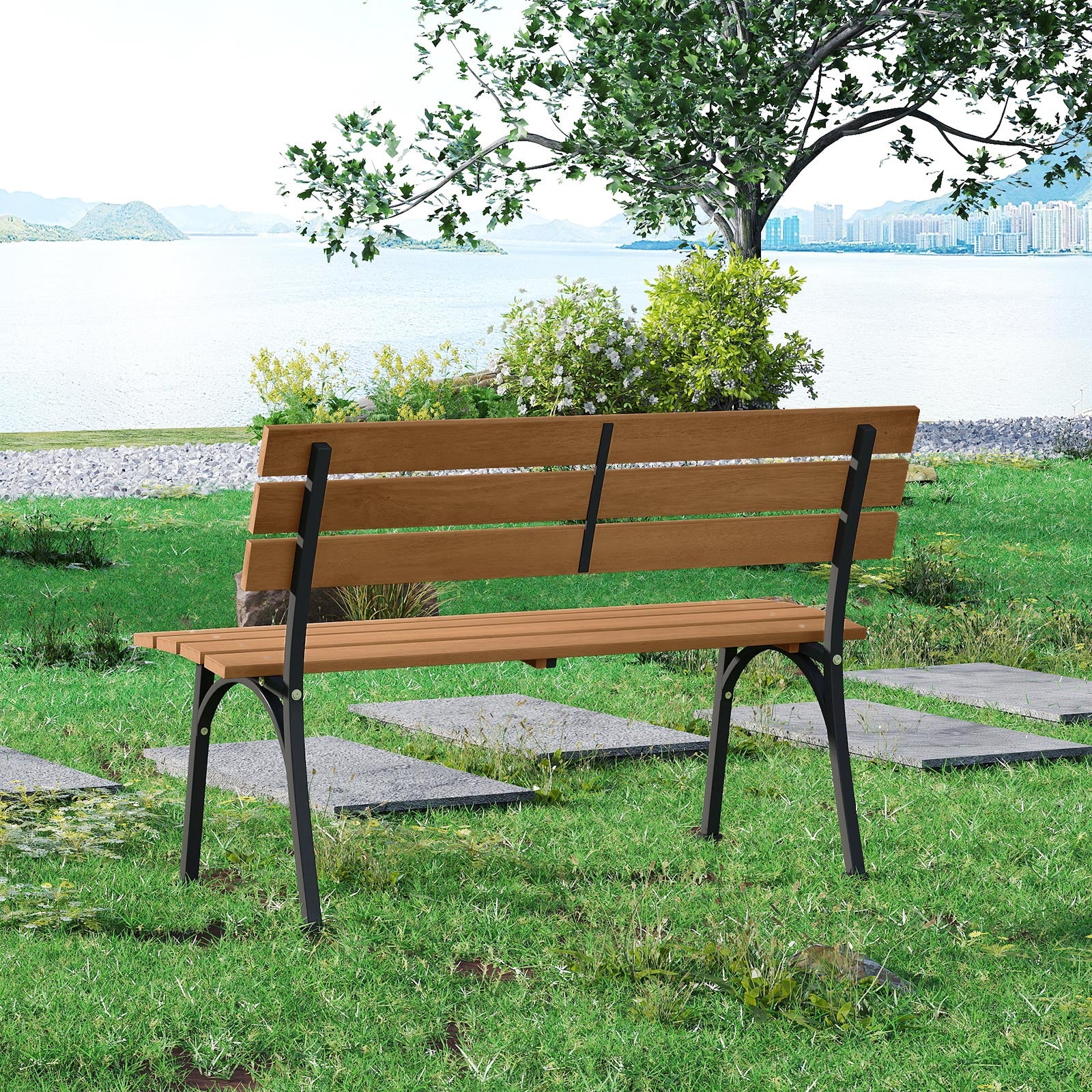47 Inch Outdoor Acacia Wood Bench with Metal Frame and Slatted Seat - Image 7