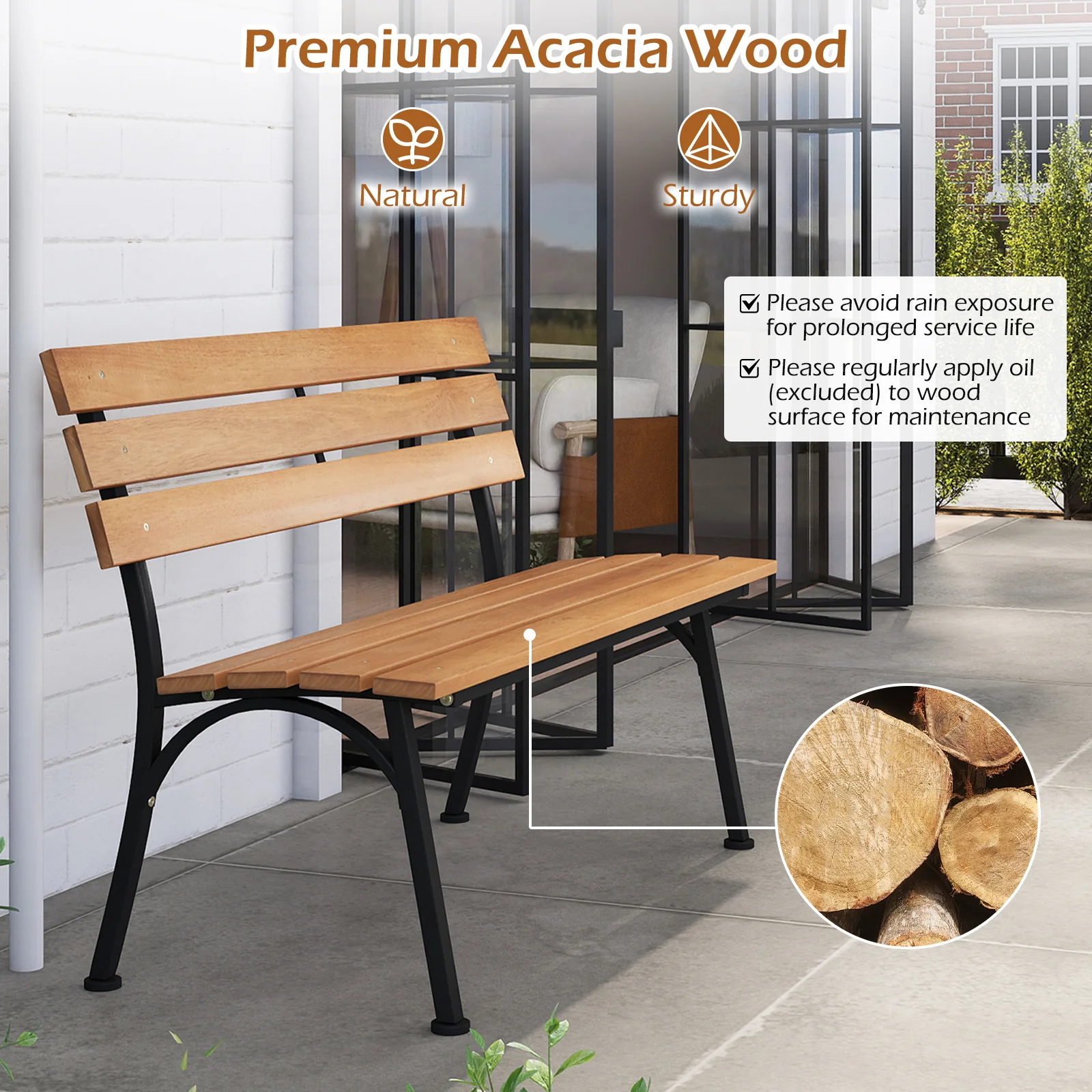 47 Inch Outdoor Acacia Wood Bench with Metal Frame and Slatted Seat - Image 8