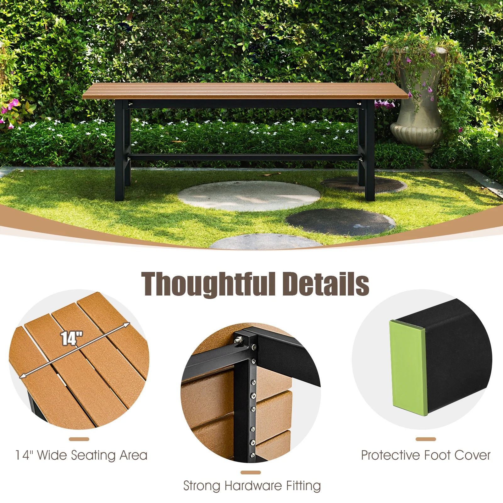 47 Inch Outdoor Chair, Slatted Seat, Plastic Coated Iron Frame, Brown - Image 10