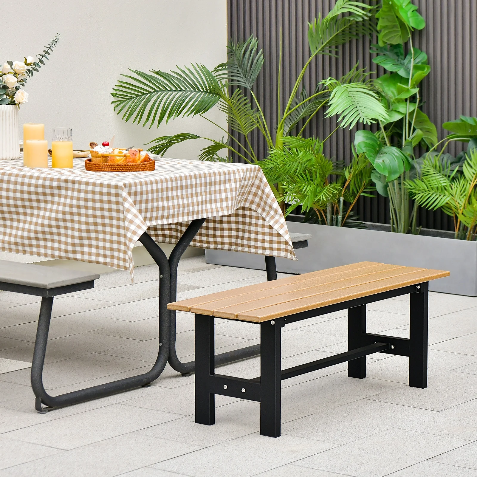 47 Inch Outdoor Chair, Slatted Seat, Plastic Coated Iron Frame, Brown - Image 3
