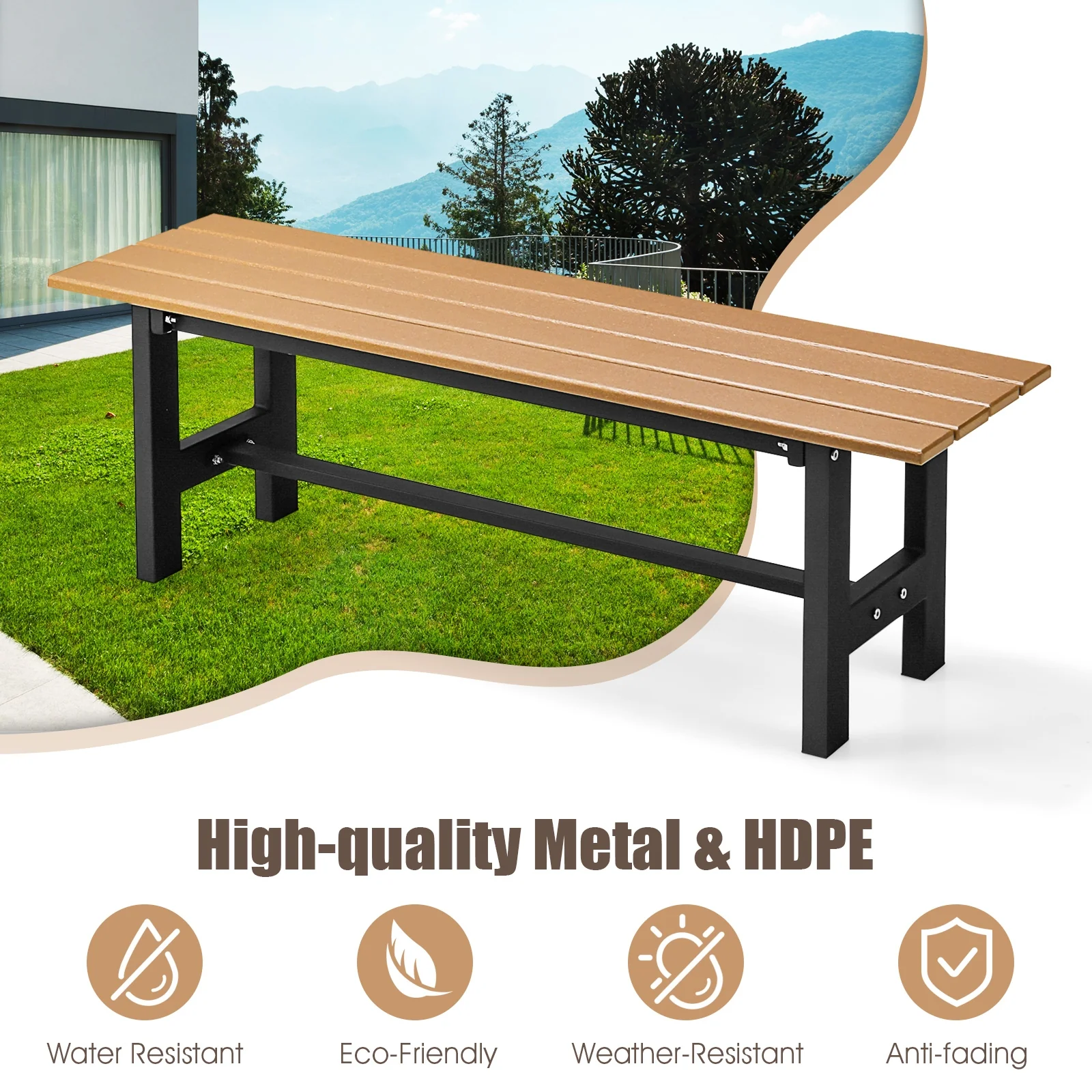 47 Inch Outdoor Chair, Slatted Seat, Plastic Coated Iron Frame, Brown - Image 9