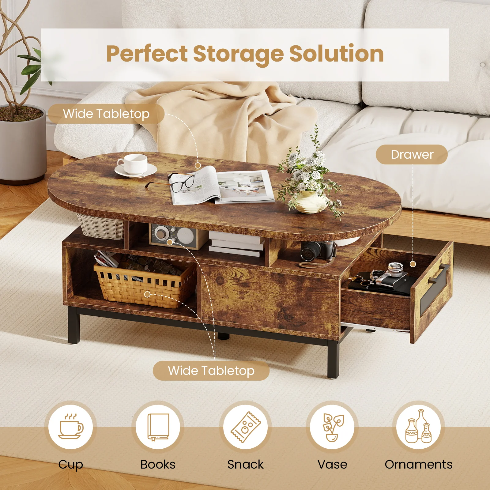 47 Inch Oval Coffee Table, Storage, Open Compartments, Rustic Brown - Image 10