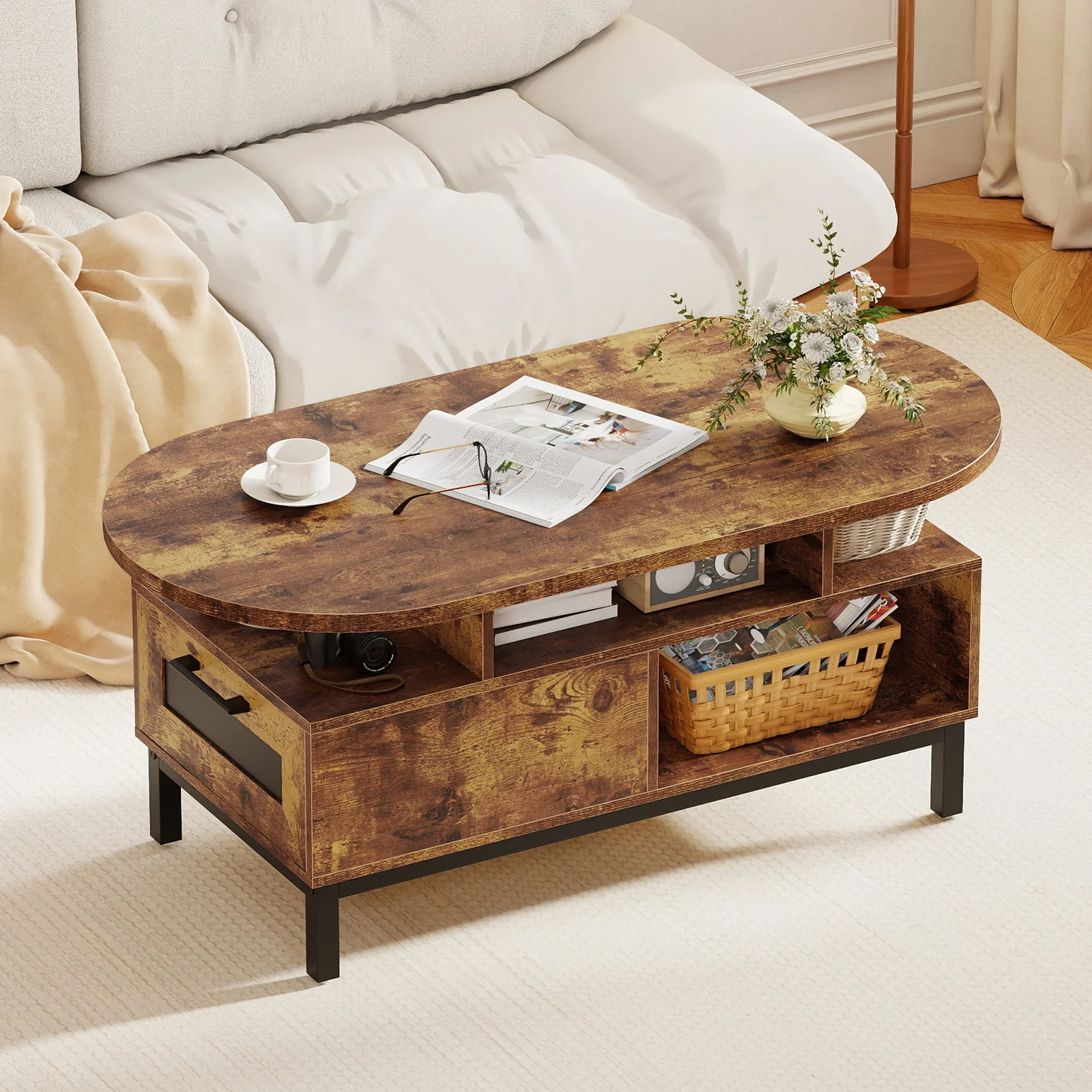 47 Inch Oval Coffee Table, Storage, Open Compartments, Rustic Brown - Image 2