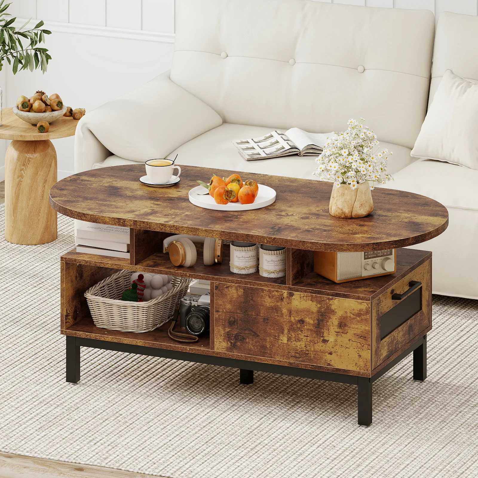 47 Inch Oval Coffee Table, Storage, Open Compartments, Rustic Brown - Image 3