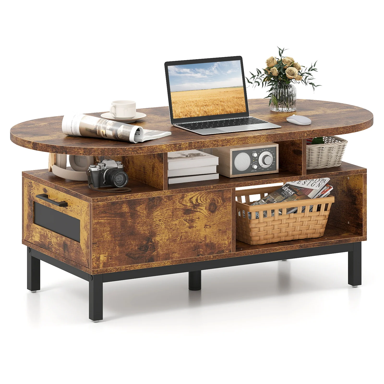 47 Inch Oval Coffee Table, Storage, Open Compartments, Rustic Brown - Image 5