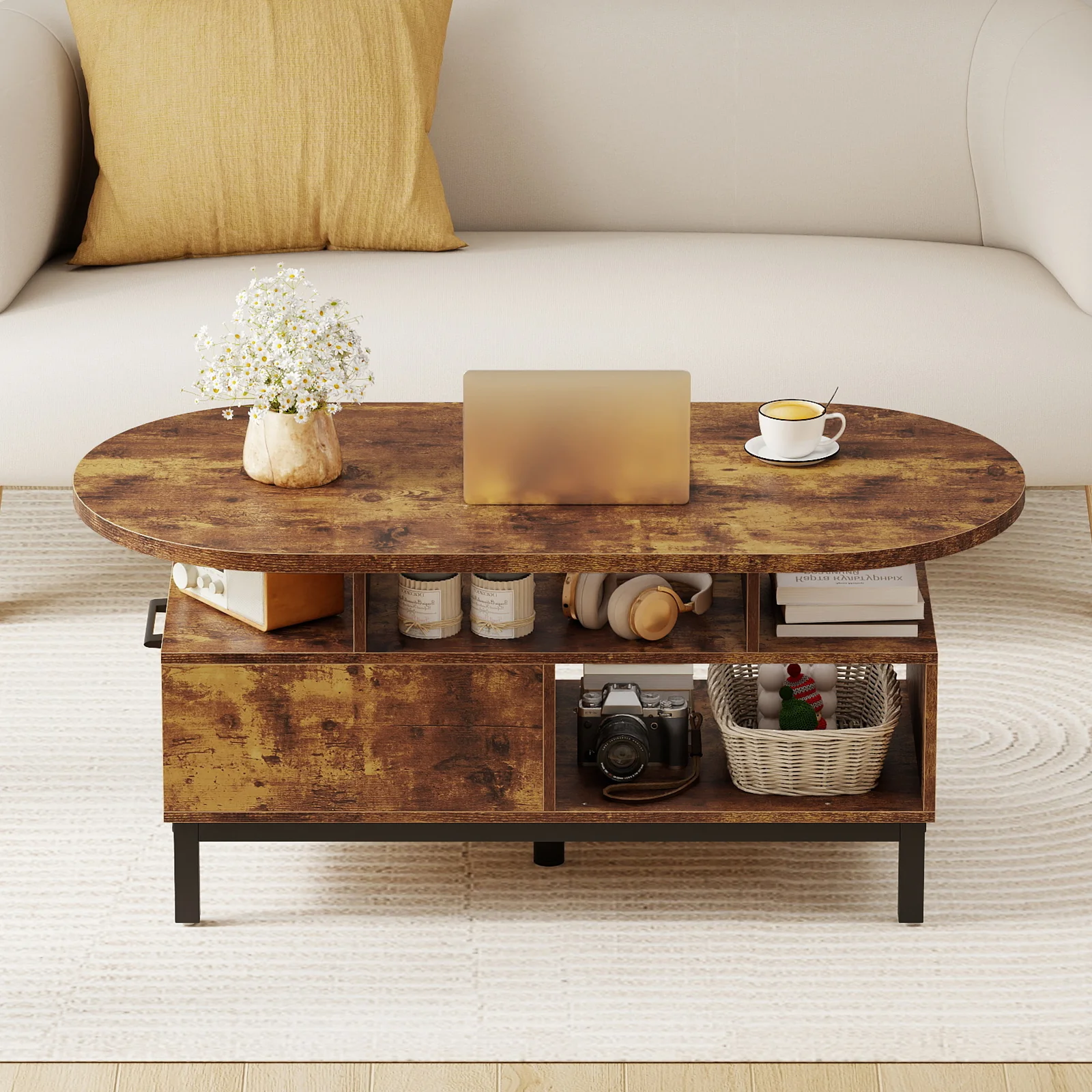 47 Inch Oval Coffee Table, Storage, Open Compartments, Rustic Brown - Image 7