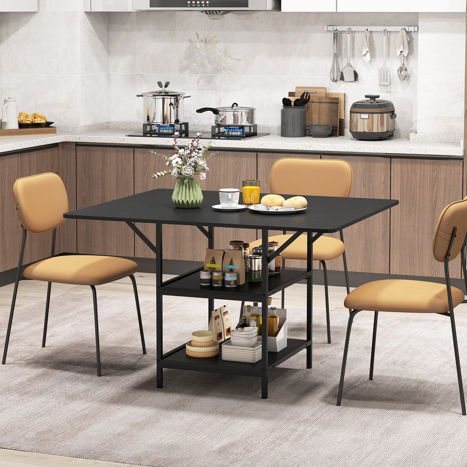 47 Inch Rectangular Dining Table, 2 Storage Shelves, Metal Legs, Black - Image 2