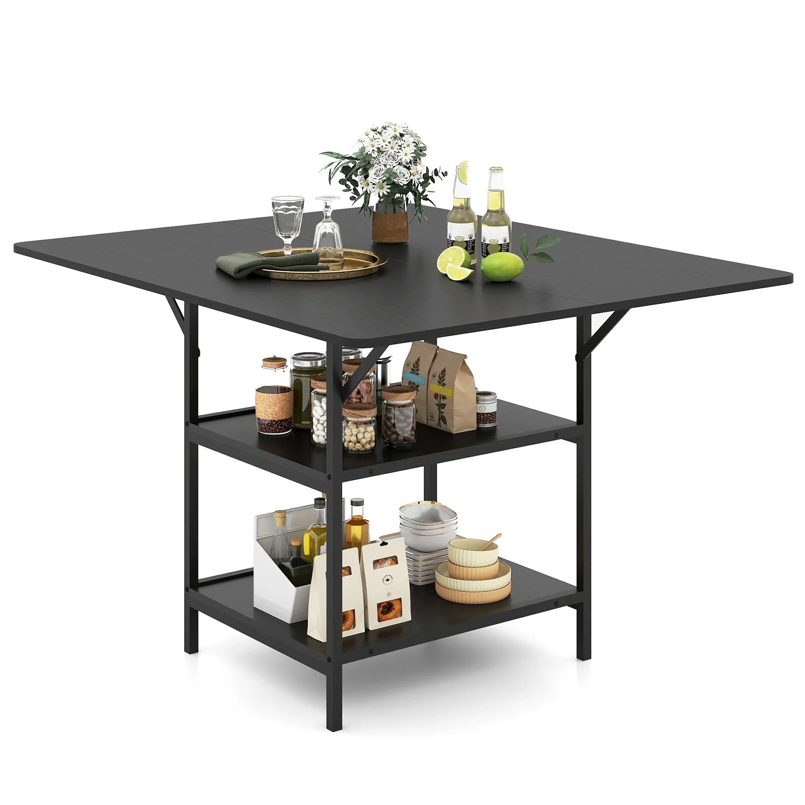 47 Inch Rectangular Dining Table, 2 Storage Shelves, Metal Legs, Black - Image 5