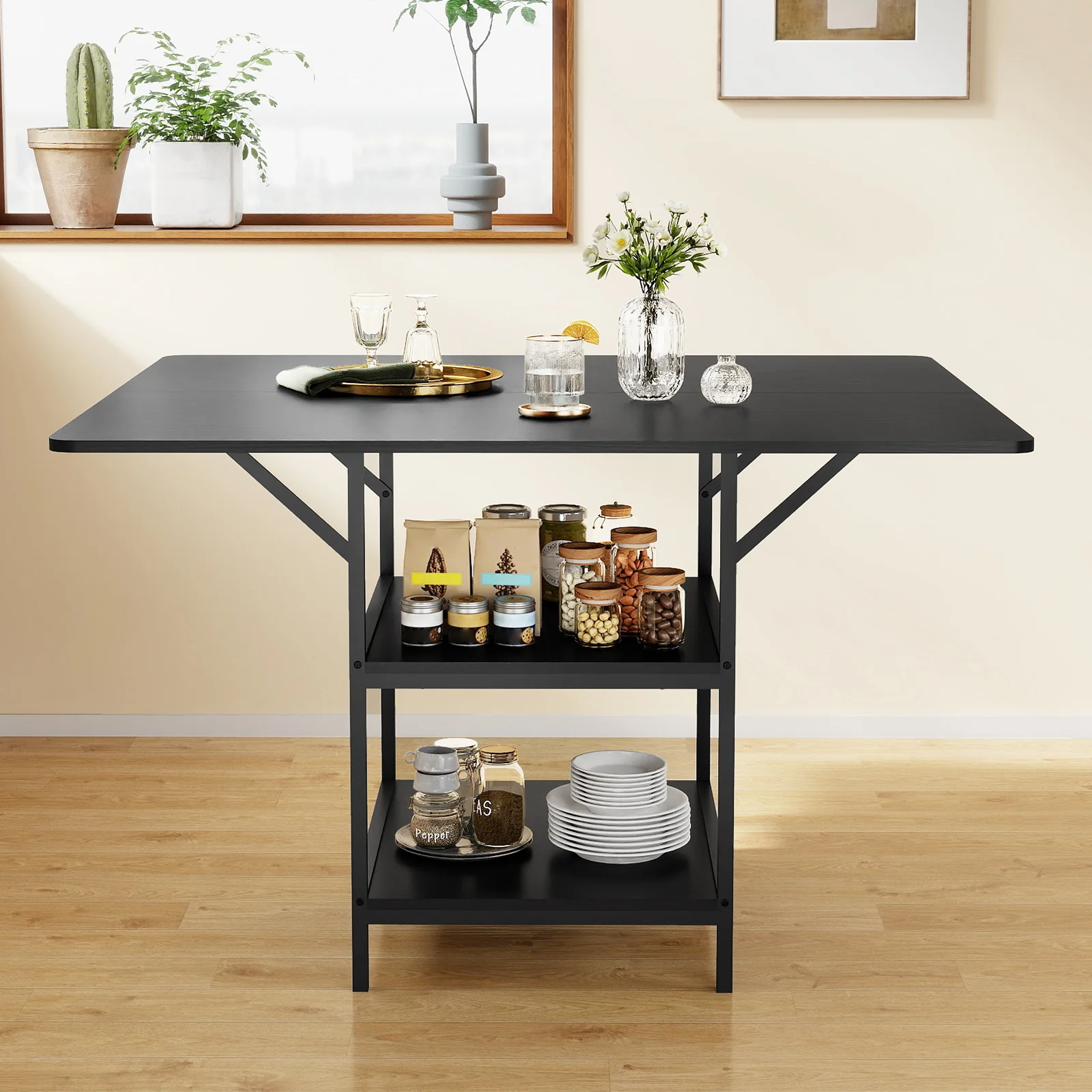 47 Inch Rectangular Dining Table, 2 Storage Shelves, Metal Legs, Black - Image 7