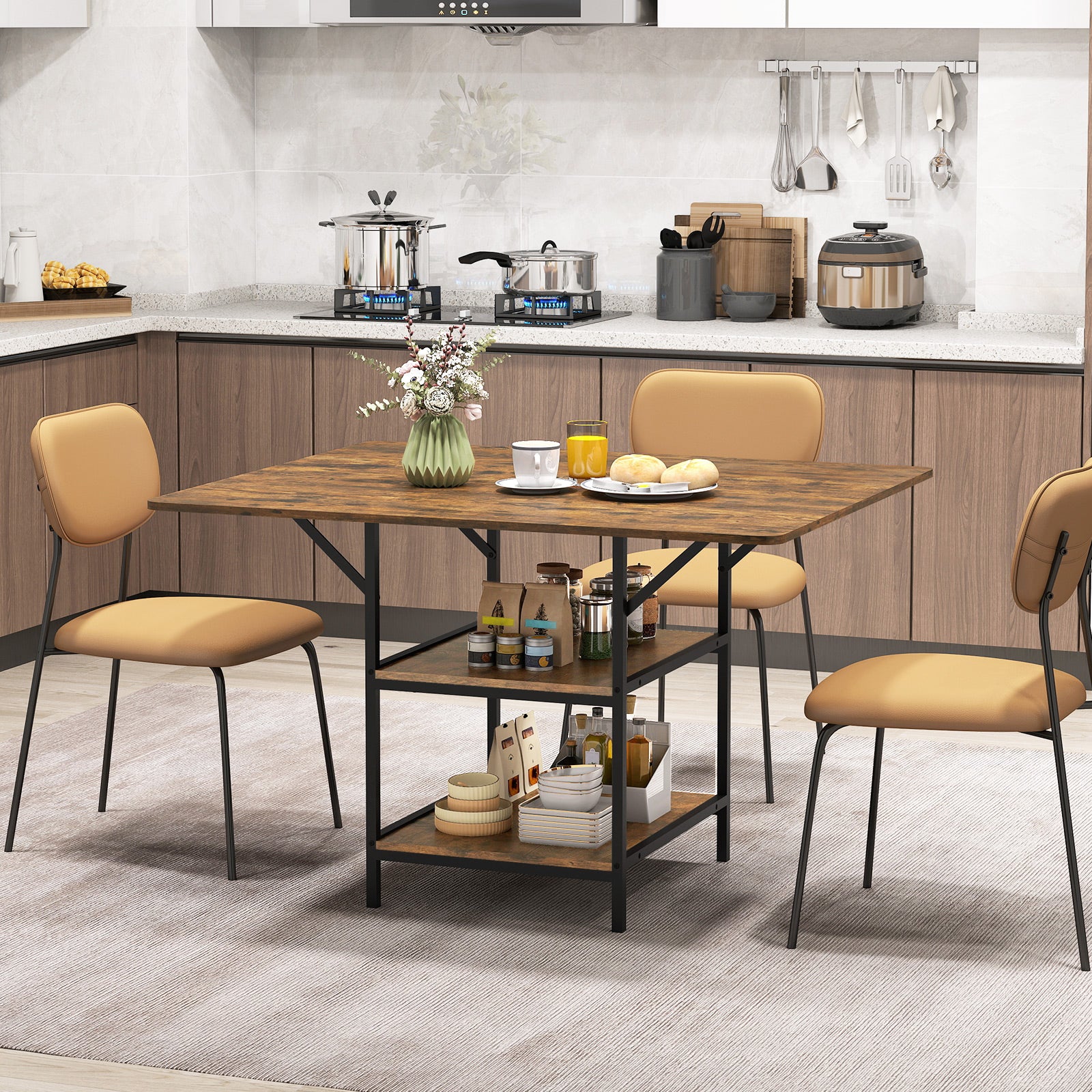47 Inch Rectangular Dining Table, 2 Storage Shelves, Brown - Image 2