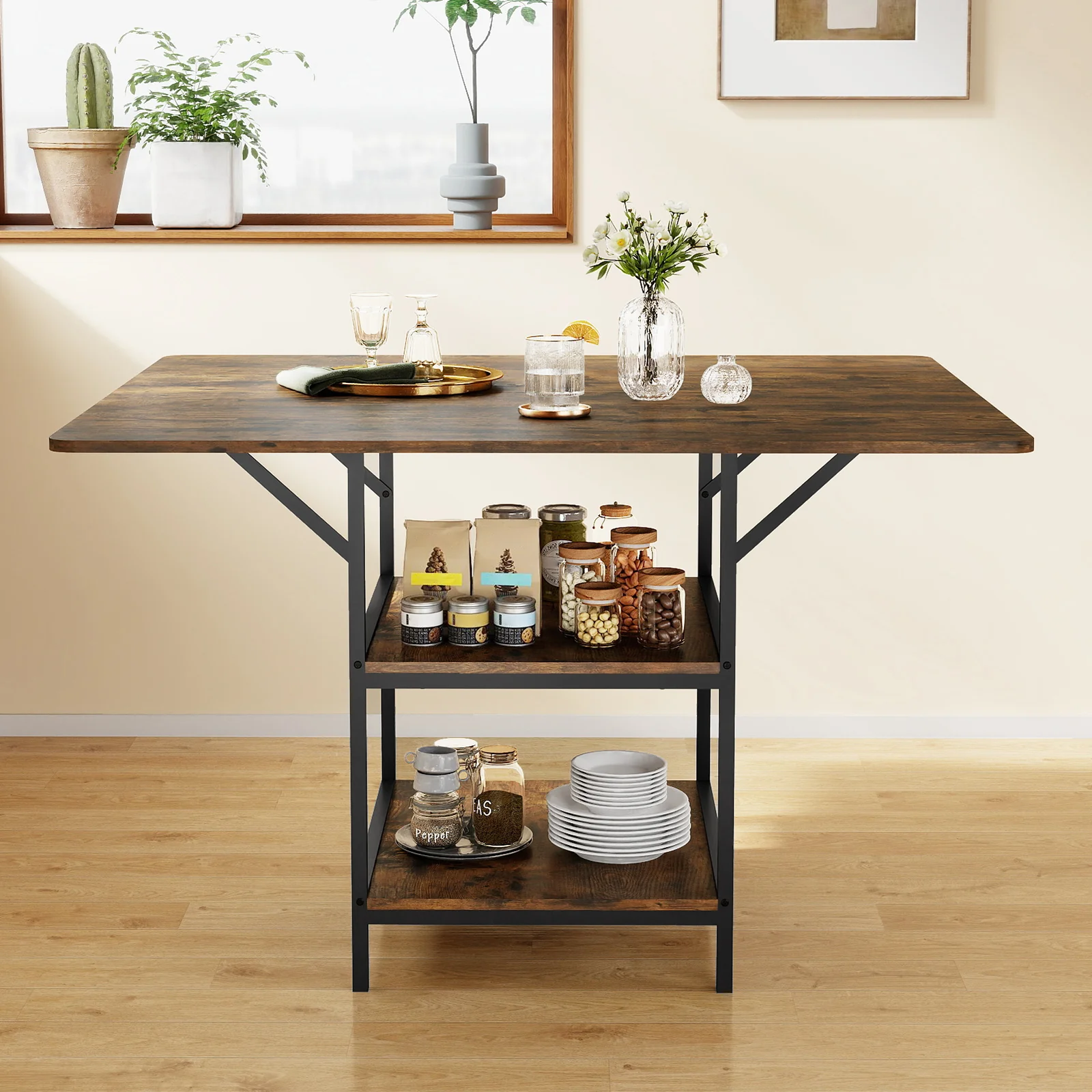 47 Inch Rectangular Dining Table, 2 Storage Shelves, Brown - Image 7