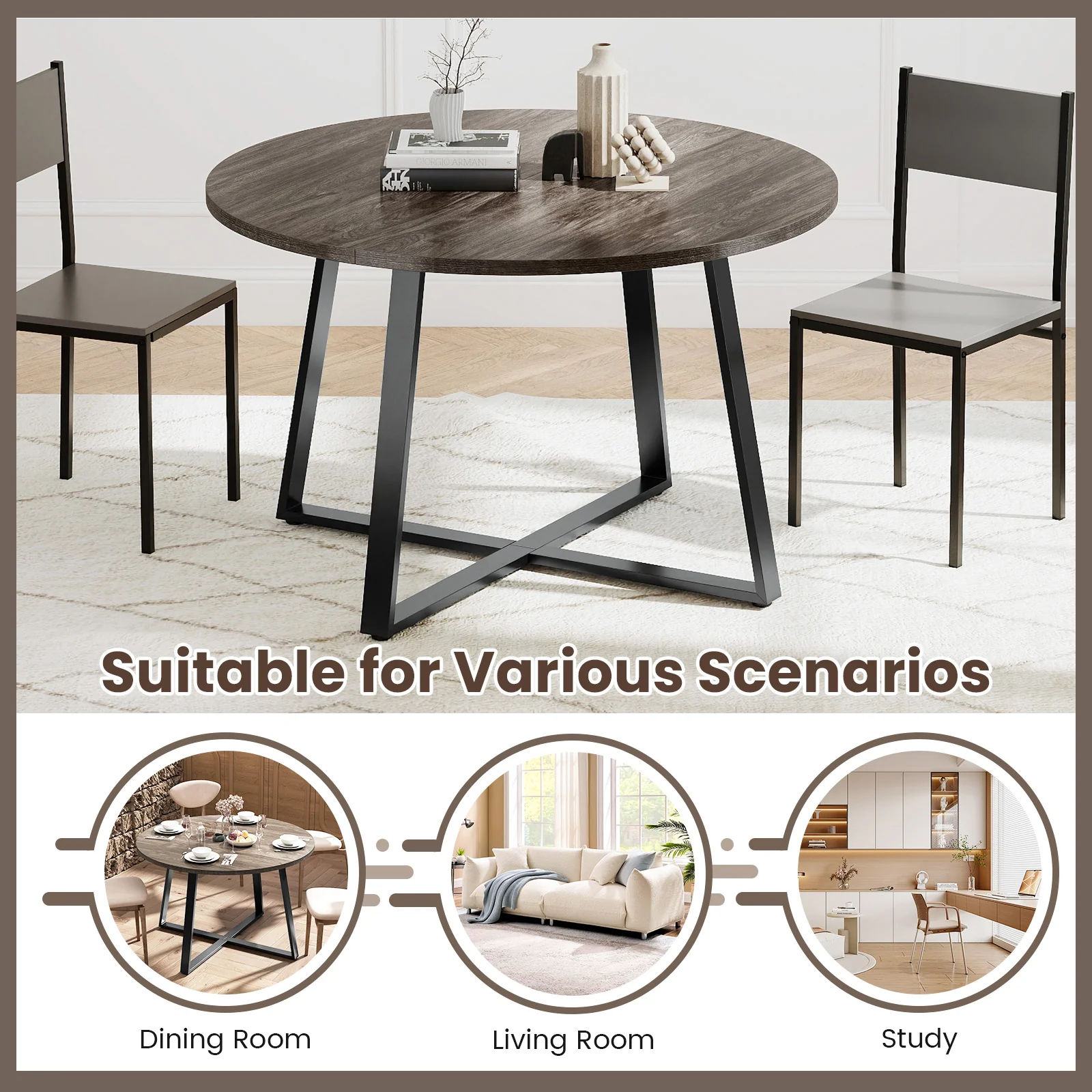47 Inch Round Dining Table with Stable X-shaped Base and Round Thickened Tabletop-Grey, Gray - Image 10