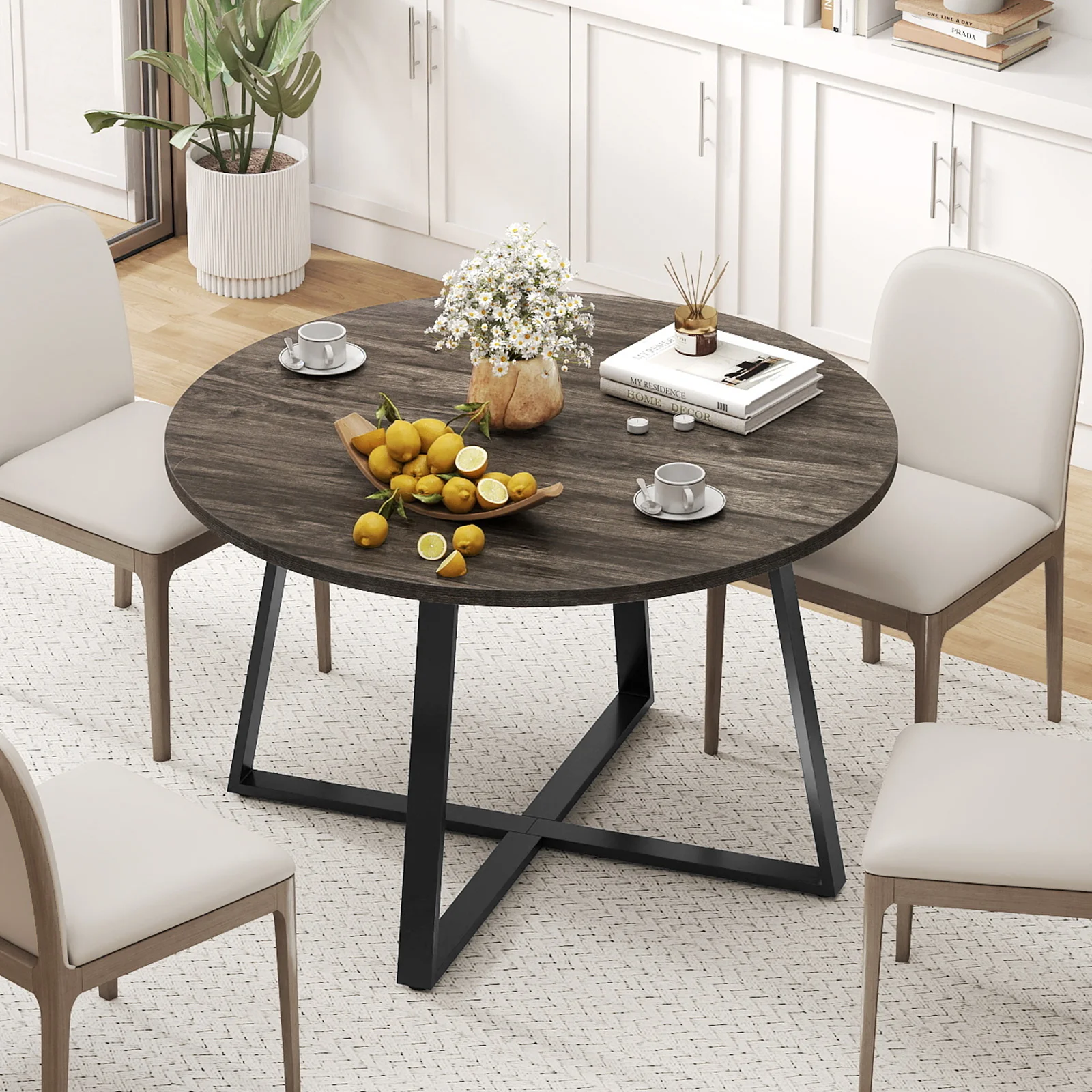 47 Inch Round Dining Table with Stable X-shaped Base and Round Thickened Tabletop-Grey, Gray - Image 2