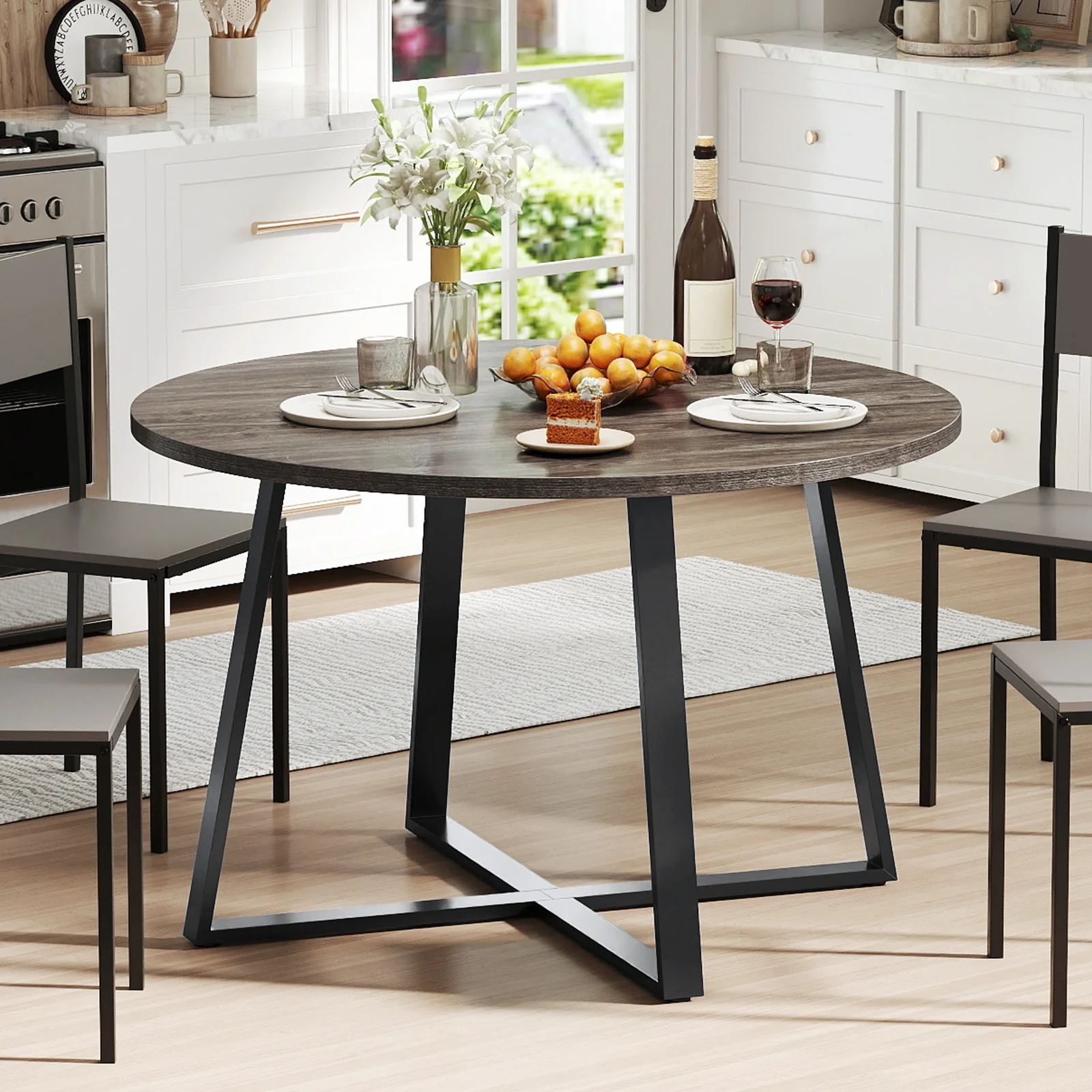 47 Inch Round Dining Table with Stable X-shaped Base and Round Thickened Tabletop-Grey, Gray - Image 3